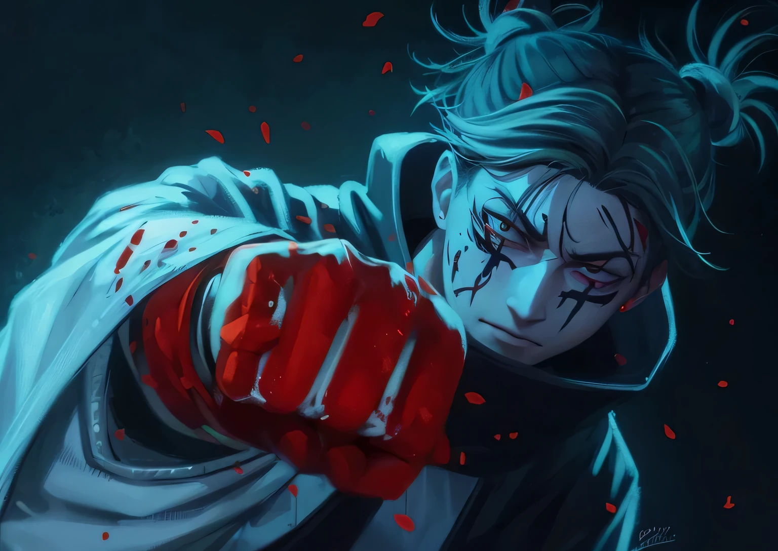 jujutsu kaisen, choso, blood manipulation, blood flying , marks on the face, long hair,
