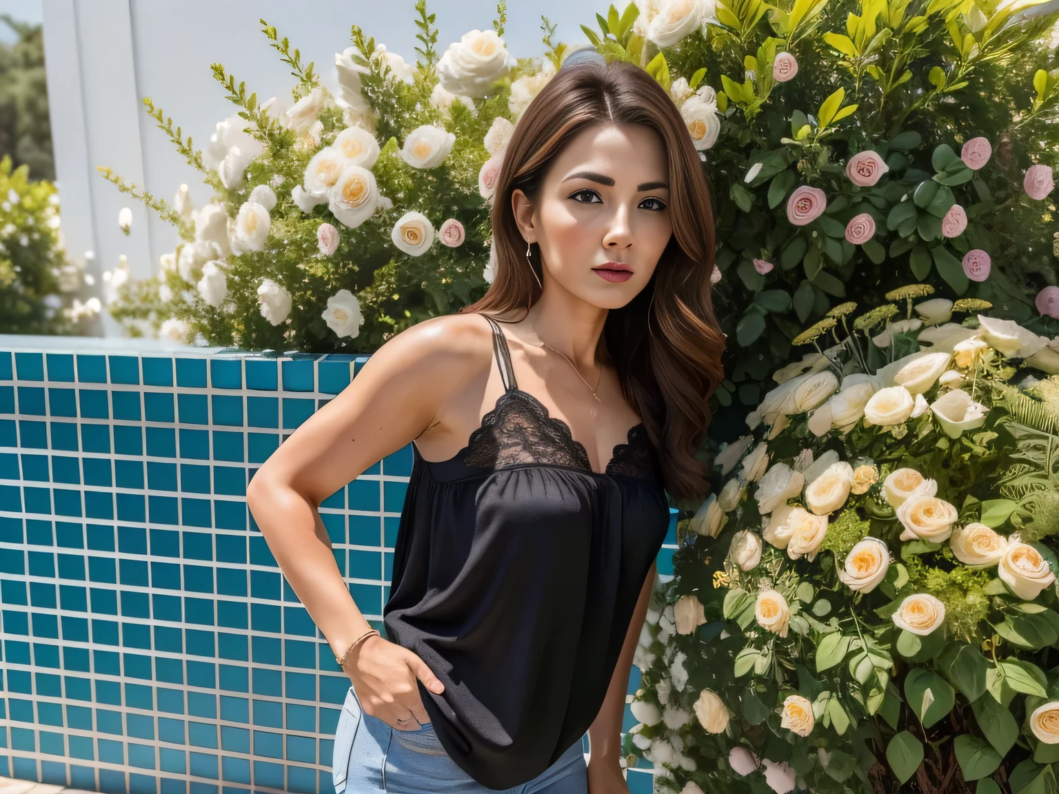 RAW, Best quality, high resolution, Masterpiece: 1.3, Beautiful brunette. Best quality, high resolution. Realistic, detailed and complete body. there is a woman standing in front of a bush with flowers, portrait of a woman in her 40s, she is wearing a black blouse, portrait image, profile image, robust adult woman portrait, female portrait with flower, back photo, 8k. She is around 45 years old, a woman in good physical condition. Masterpiece, best quality, (best quality), realistic lighting, 8k.