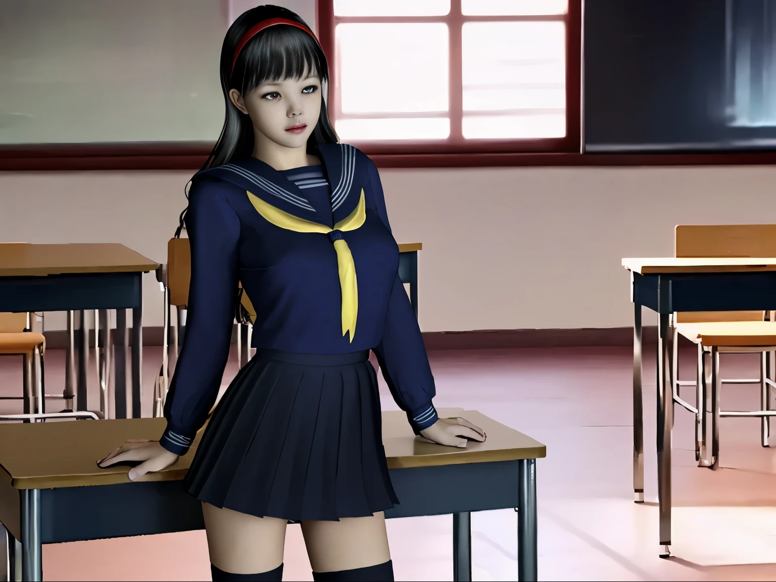 (dark photo、unity、8k wallpaper)、(very delicate and beautiful)、(masterpiece)、(highest quality:1.2)、(超A high resolution:1.3)、(beautiful realistic asian),beautiful lighting、perfect lightning、realistic shadow、fine skin、Super detailed、detailed face and eyes、realistic eyes、sharp pupils、Huge , inside the classroom、School、sunset、beautiful face、blurred background、(japanese woman)、shiny skin、side up、美しいblack hair、dull bangs、Japan High School Sailor Uniform、pleated mini skirt、gentle smile, ((table top, highest quality)), (shiny skin), cinematic lighting, Physically based rendering, award-winning, highly detailed skin, highly detailed face, Beautiful eyes in every detail, Carl Zeiss 85mm F/1.4, (Standing position), (cumin , on the chest and thighs), she'she'To a very cute 16 year old , (black hair, straight long hair, open your eyes, blush), big cleavage, (sailor blouse, Pull up the pleated skirt yourself:1.3), watching from a distance, (navy knee socks, thigh focus),art by、