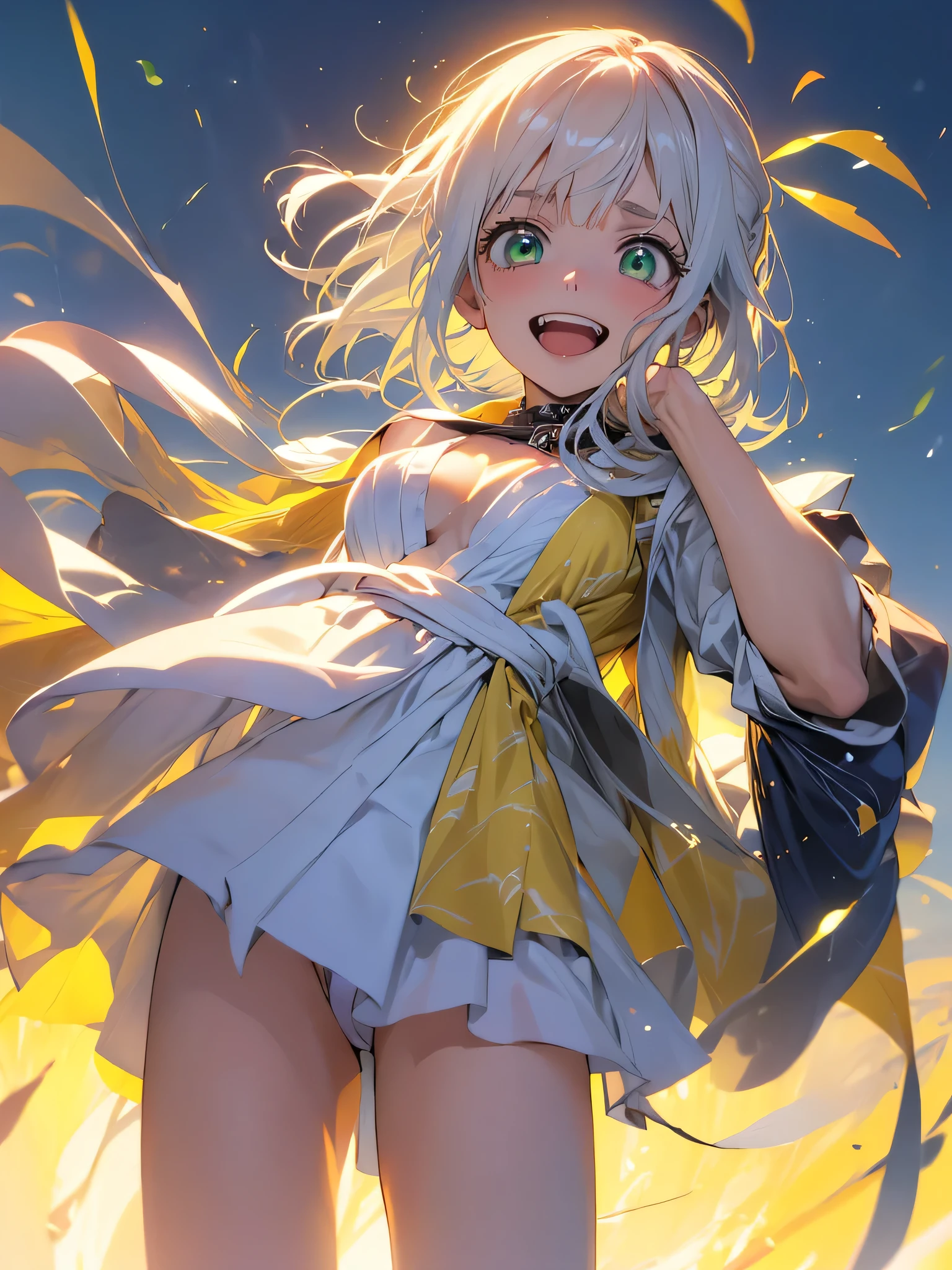 (shiny skin,melancholy look、Super detailed),((1 girl)),(perfect face, detailed face, fine eyes,perfect hands,perfect fingers), (medium breasts:1.2,evil smile:1.4),(mature woman:1.4),cowboy shot,embarrassing incident、thick,throw, (from below:1.4),short hair, Straight HARE,((黒のone piece))、one piece、((8k wallpaper)),bare chest,cleavage, window,chest comes out,transparent clothes、(((yellow background:1.5)))、Put your arms behind your back、EMPosing for a bust size、(A gust of wind blowing from beneath your feet:1.2)、((Make sure nothing is visible except the person))、((Black long lace)),index, (green eyes:1.5), ((White hair)), long hair, habit,sit、thin legs,open towel、pantuscular pussy、squat、ginkgo leaf、Yellow tree、Yellow across the board、illuminate