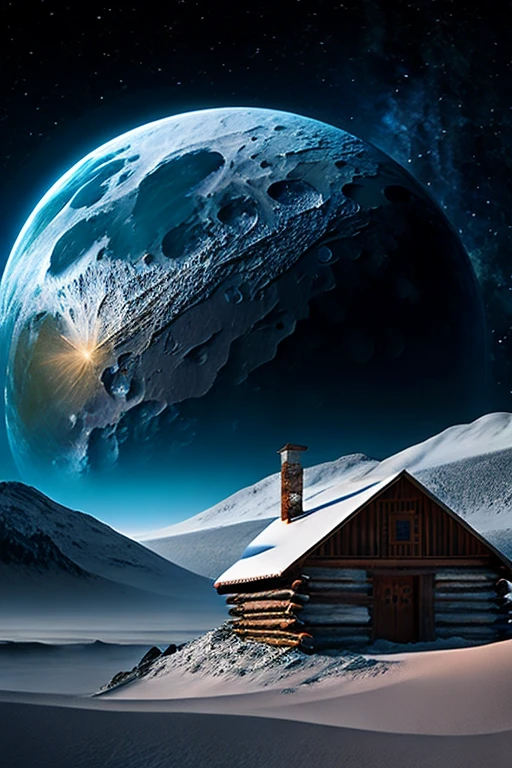 a cabin on the moon , earth in the sky