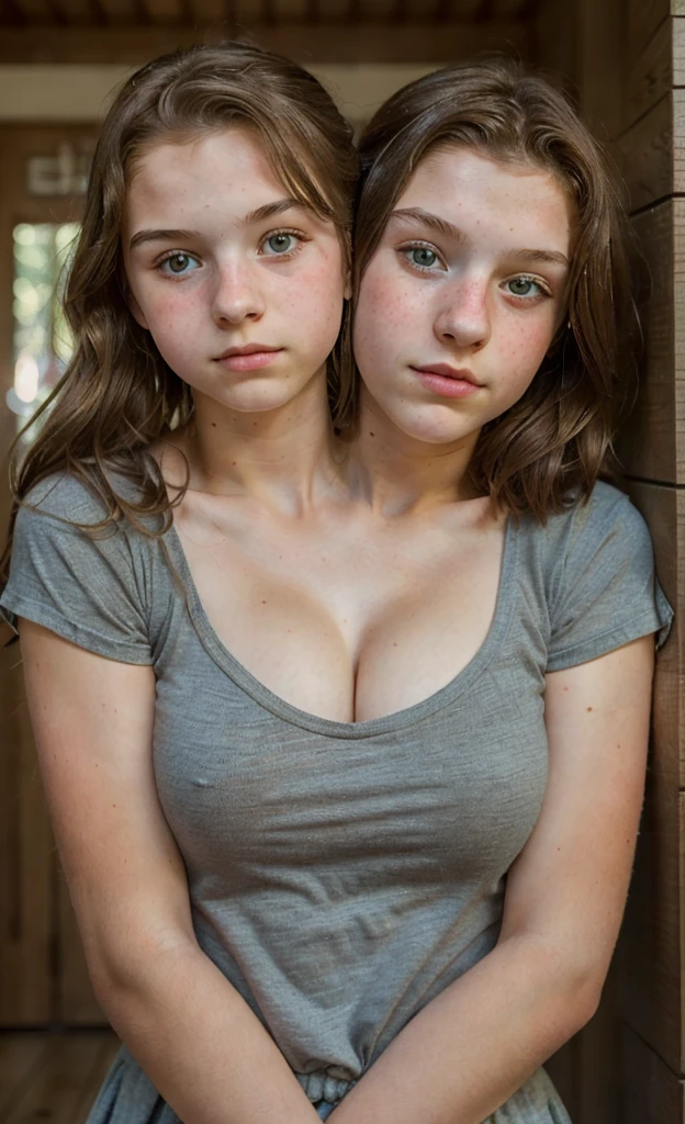 2heads, two headed girl, (a 12 year old girl and a 13 year old girl:1.5), (a redhead and a brunette:1.3), (uncomfortable:1.2)