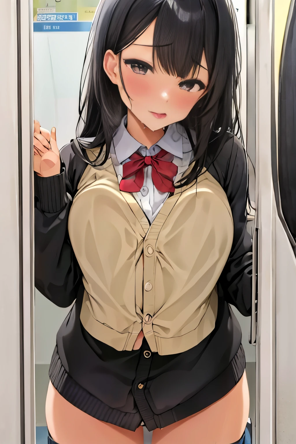 masterpiece、highest quality、female 1、Super detailed　black hair、straight hair　Japanese high school girl&#39;s cardigan　Ahegao、stick out tongue、Drool、salivate　small breasts、beautiful belly　SEX in、play sex、sex、intense sex、Fucked from behind　Automatic train doors　face is close、Facial Close-up