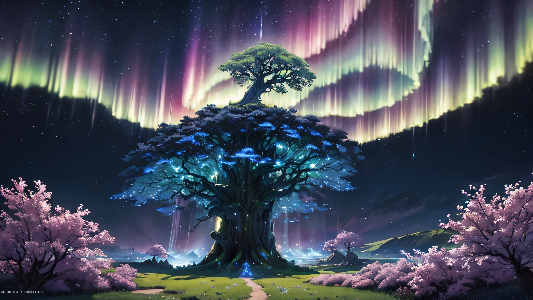 In pixel art, a beautiful sky full of ribs can be depicted as elegant, flowing auroras or wispy clouds arching across the sky. Here is a description of a pixel art scene featuring this kind of sky and an open place with a Yggdrasil tree: The sky is filled with long, flowing waves of vibrant colors, resembling ribs or auroras. These streaks shift seamlessly between hues of green, purple, and blue, dancing gracefully across the dark, star-studded night sky. The open place below the sky is a serene and mystical landscape, with rolling hills and sparse vegetation. In the middle of the scene stands a majestic pixel art Yggdrasil tree. This ancient tree has a massive, gnarled trunk and sprawling roots that appear deeply intertwined with the earth. Its vast branches stretch toward the sky, adorned with delicate pixelated leaves. The soft glow of the auroras reflects off the tree, highlighting its leaves and branches with ethereal light. The Yggdrasil tree seems almost magical in this setting, bridging the connection between the earth and the sky. Around the tree, the ground is dotted with pixelated shrubs and flowers that sway gently in the breeze. The overall scene creates a sense of wonder and tranquility, with the captivating beauty of the auroras and the majestic presence of the Yggdrasil tree as focal points.