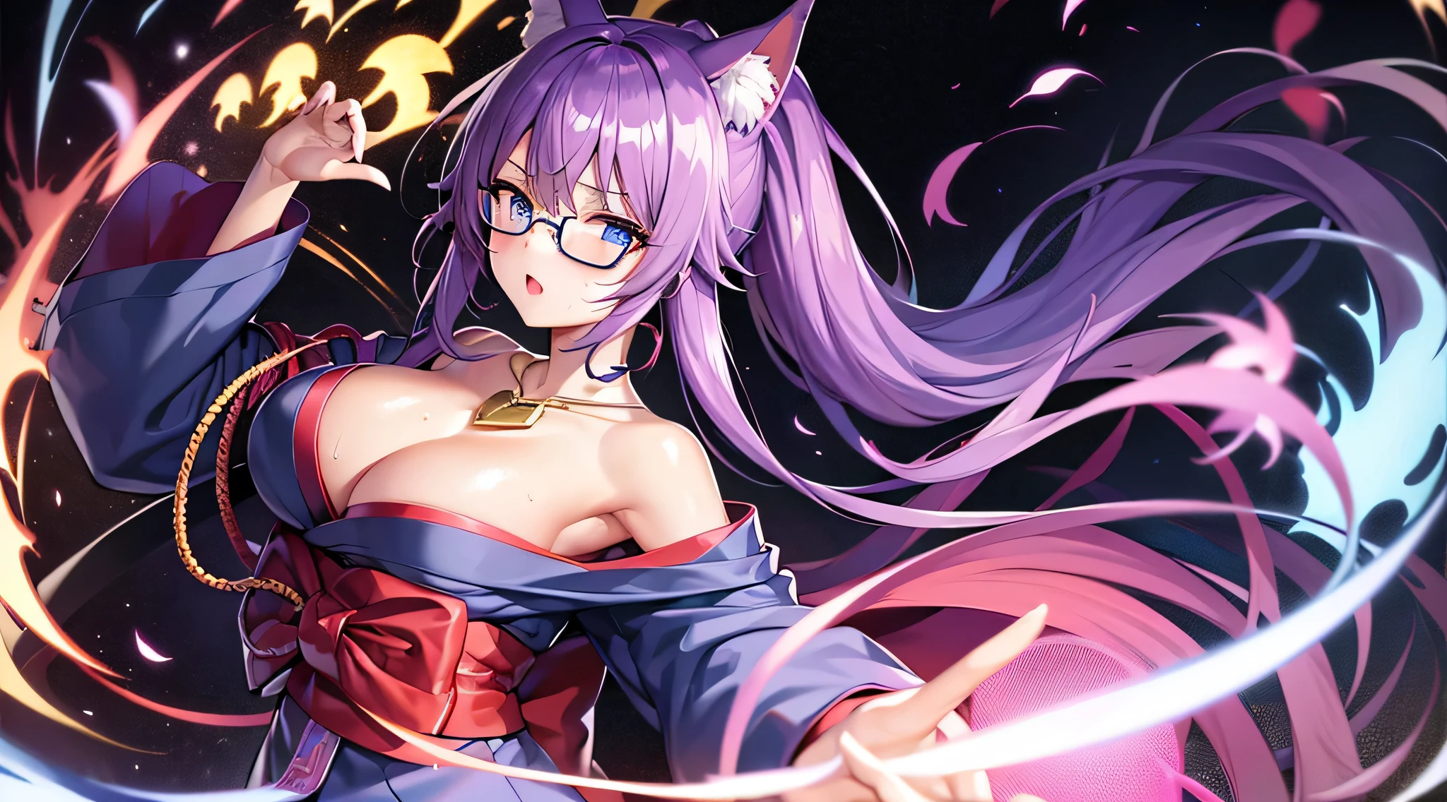 masterpiece、highest quality、1girl , solo , huge breasts、deep cleavage、light purple hair、ponytail、fox ears、brightly colored eyes、blue eyes、black glasses、green japanese kimono、red hakama、flashy necklace、charm、Wet、face turns red, very sweaty, dynamic pose、standing、ryokan background