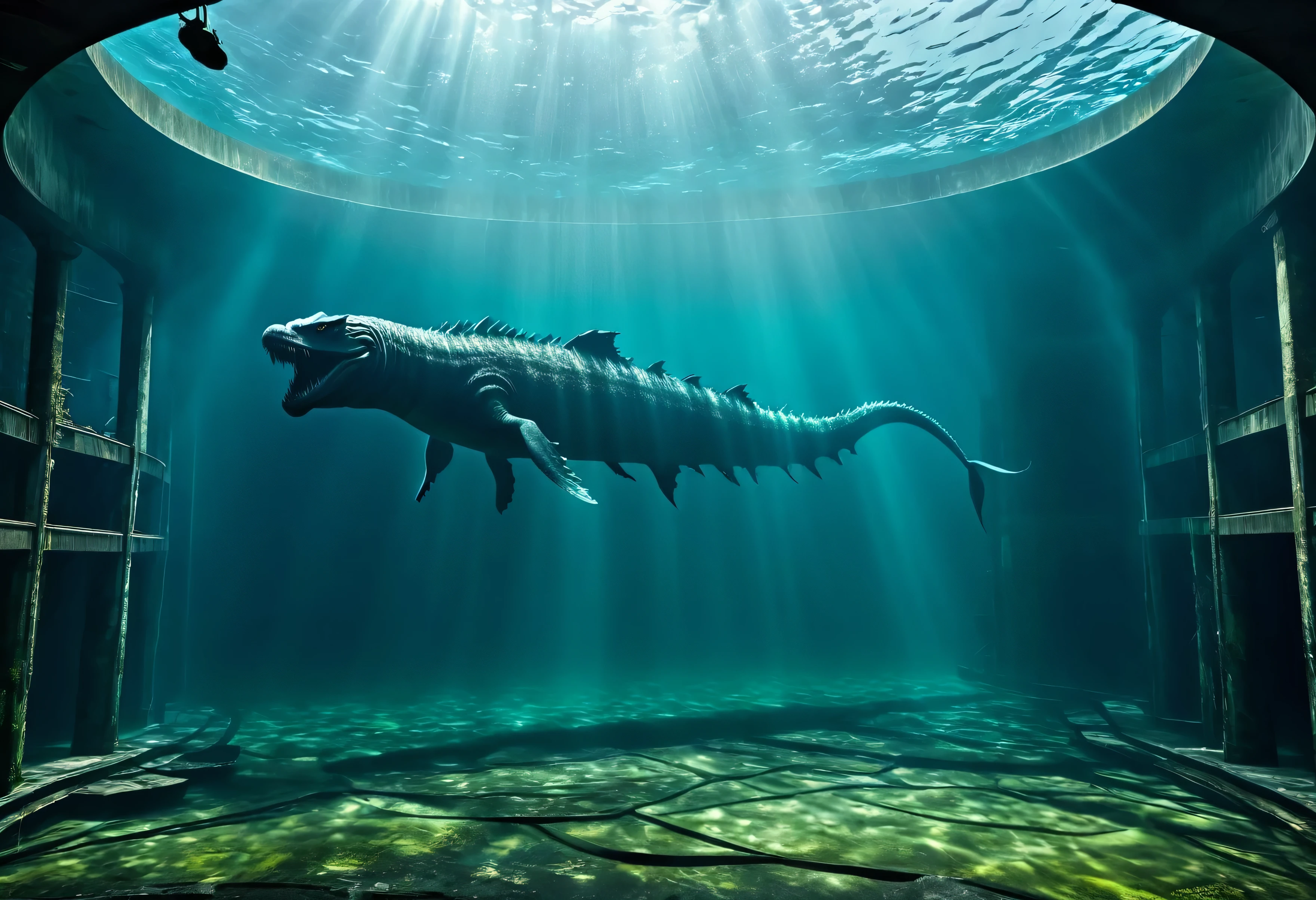 scary sea monster, Colossal body size, Swim in the giant water tank of an abandoned aquarium., The atmosphere is scary.,The picture is very realistic.,Horrible.,ruins