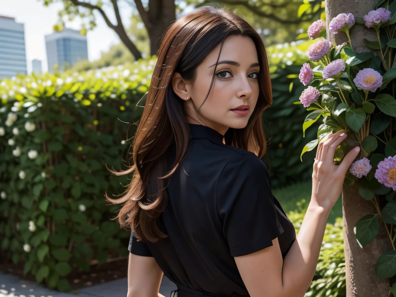 RAW, Best quality, high resolution, Masterpiece: 1.3, Beautiful brunette. Best quality, high resolution. Realistic, detailed and complete body. there is a woman standing in front of a bush with flowers, portrait of a woman in her 40s, she is wearing a black blouse, portrait image, profile image, robust adult woman portrait, female portrait with flower, back photo, 8k. She is around 45 years old, a woman in good physical condition. Masterpiece, best quality, (best quality), realistic lighting, 8k.