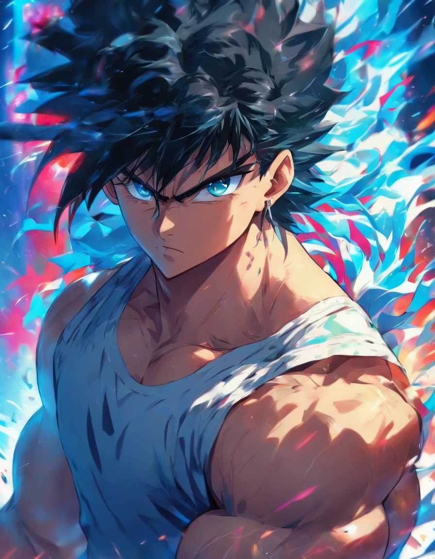 Black hair, blue eyes, 1boy, muscular male, young style, Tank top, shorts, gym room