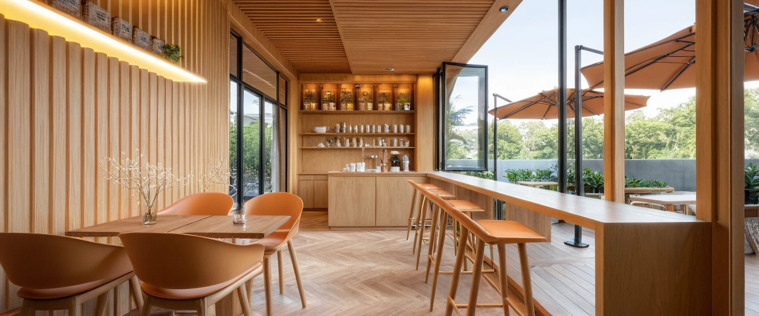 a coffee shop, interior design, (((Korean coffee shop interior design combines modern and traditional elements to create a cozy atmosphere. Key elements include wooden accents, minimalism, pastel colors, greenery, Korean-inspired artwork, lighting, comfortable seating, Korean-inspired accessories, (An Cuong Wooden Furniture minimalist Style), (An Cuong wood with MDF surface glued with melamine coating), (architectural visualization style:1.2), (reflection), (focus on object), (material normal bump real reflection), (scattered light) ((((volumetric light))) (multi-beam light) (sunbeam) (multi-level reflection), (grossy wooden floor), {warm led light|4000k|lamp light}, (day sky background), (corona software visualization render:1.2)