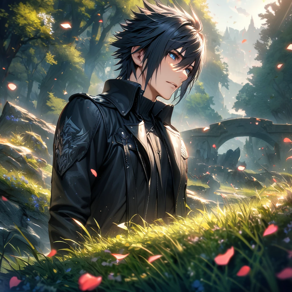 absurdres, highres, ultra detailed, HDR, masterpiece, Noctis Lucis Caelum, black hair, expressive blue eyes, Final Fantasy xv, 1man, handsome, black trench coat, high collar, trees, petals, grass