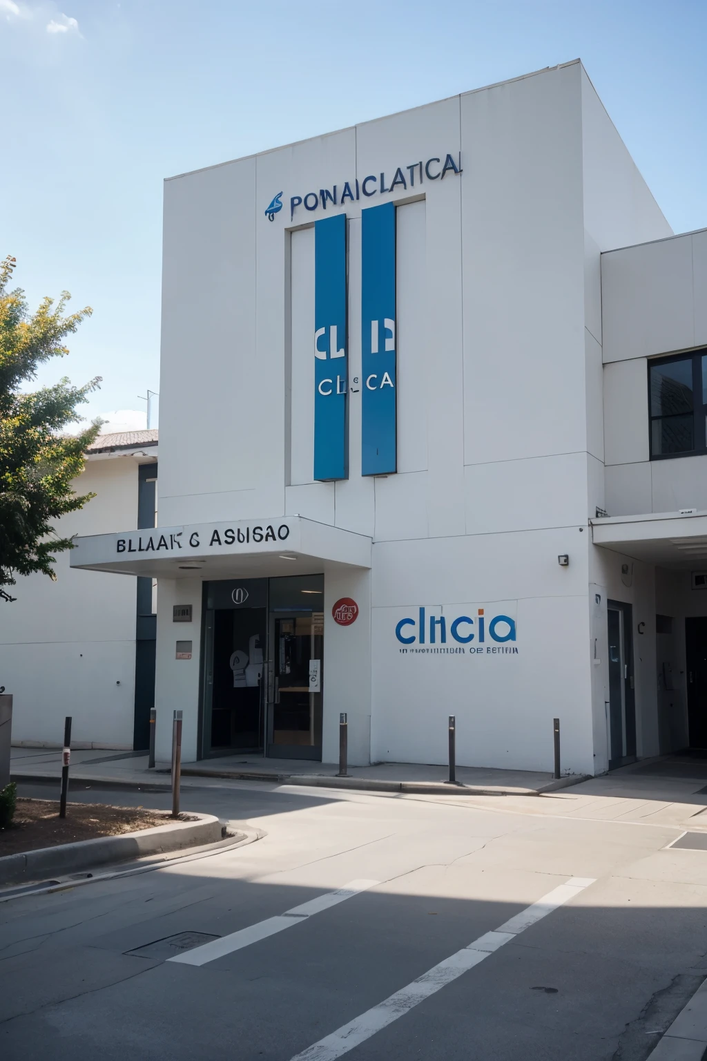 Fachada de clinica blanca realista con espacio para poner el logo y nombre