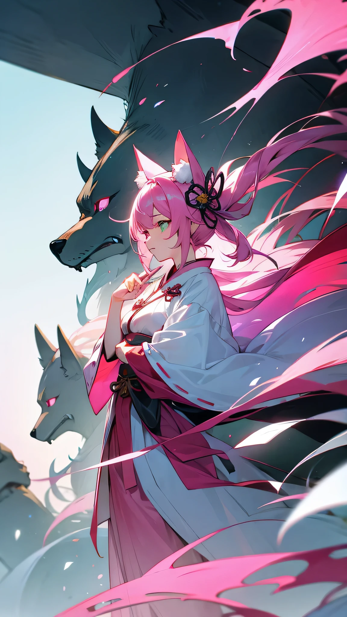 opposite wind、facing the front、Pink fox ears Pink fox tail、Pink God、green eyeixed Japanese and Chinese costume、