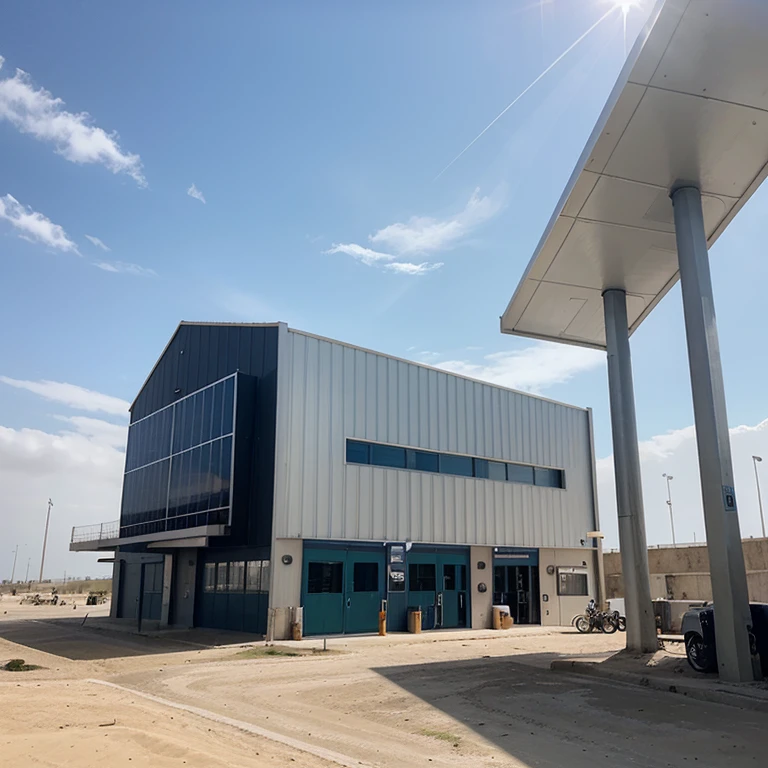 Modern and futuristic industrial building with tilted solar panels and wind grandstands , photo prise par iPhone 14 pro en printemps, en Tunisie