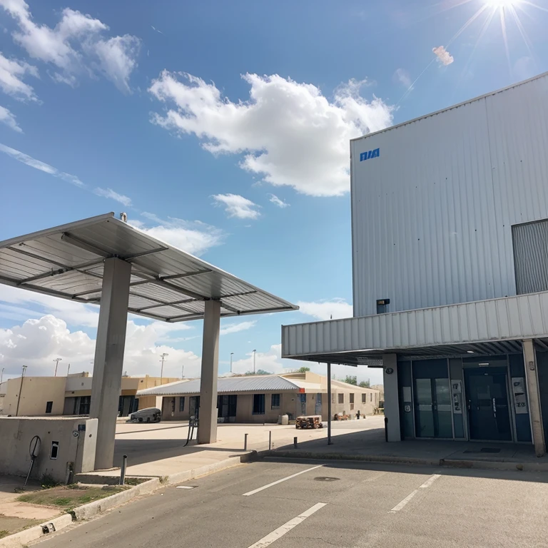 Modern and futuristic industrial building with tilted solar panels and wind grandstands , photo prise par iPhone 14 pro en printemps, en Tunisie