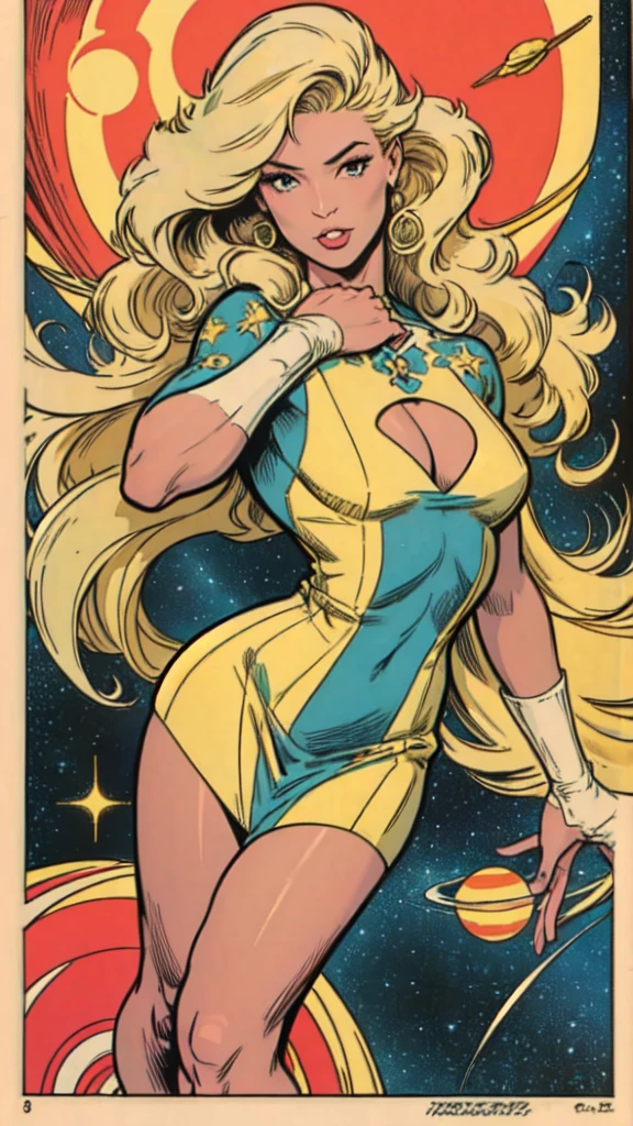 masterpiece,extremely beautiful woman retro pinup,highly detailed beautiful face,soft yellow dress, long curly blonde hair,Excellent sense,American Comics,(((The Perfect One Woman))),(((one person))),colorful,highly detailed body,in deep space, with several planets and suns in the background 