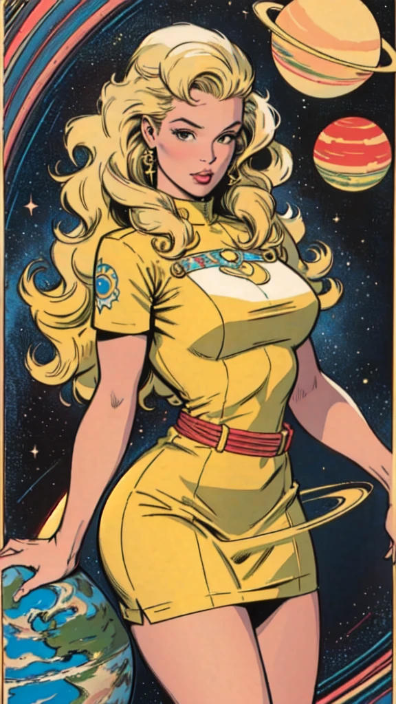 masterpiece,extremely beautiful woman retro pinup,highly detailed beautiful face,soft yellow dress, long curly blonde hair,Excellent sense,American Comics,(((The Perfect One Woman))),(((one person))),colorful,highly detailed body,in deep space, with several planets and suns in the background