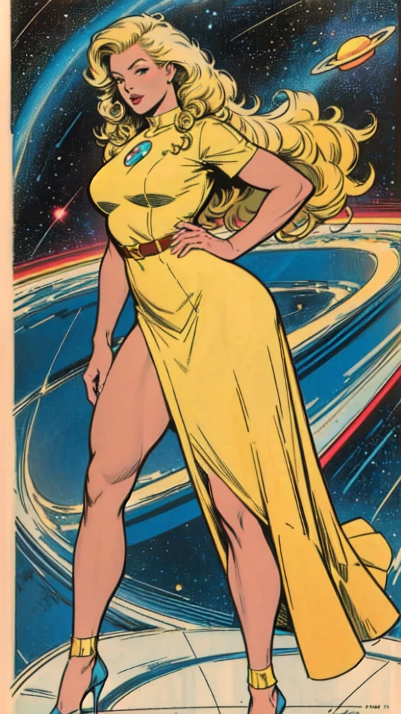 masterpiece,extremely beautiful woman retro pinup,highly detailed beautiful face,soft yellow dress, long curly blonde hair,Excellent sense,American Comics,(((The Perfect One Woman))),(((one person))),colorful,highly detailed body,in deep space, with several planets and suns in the background
