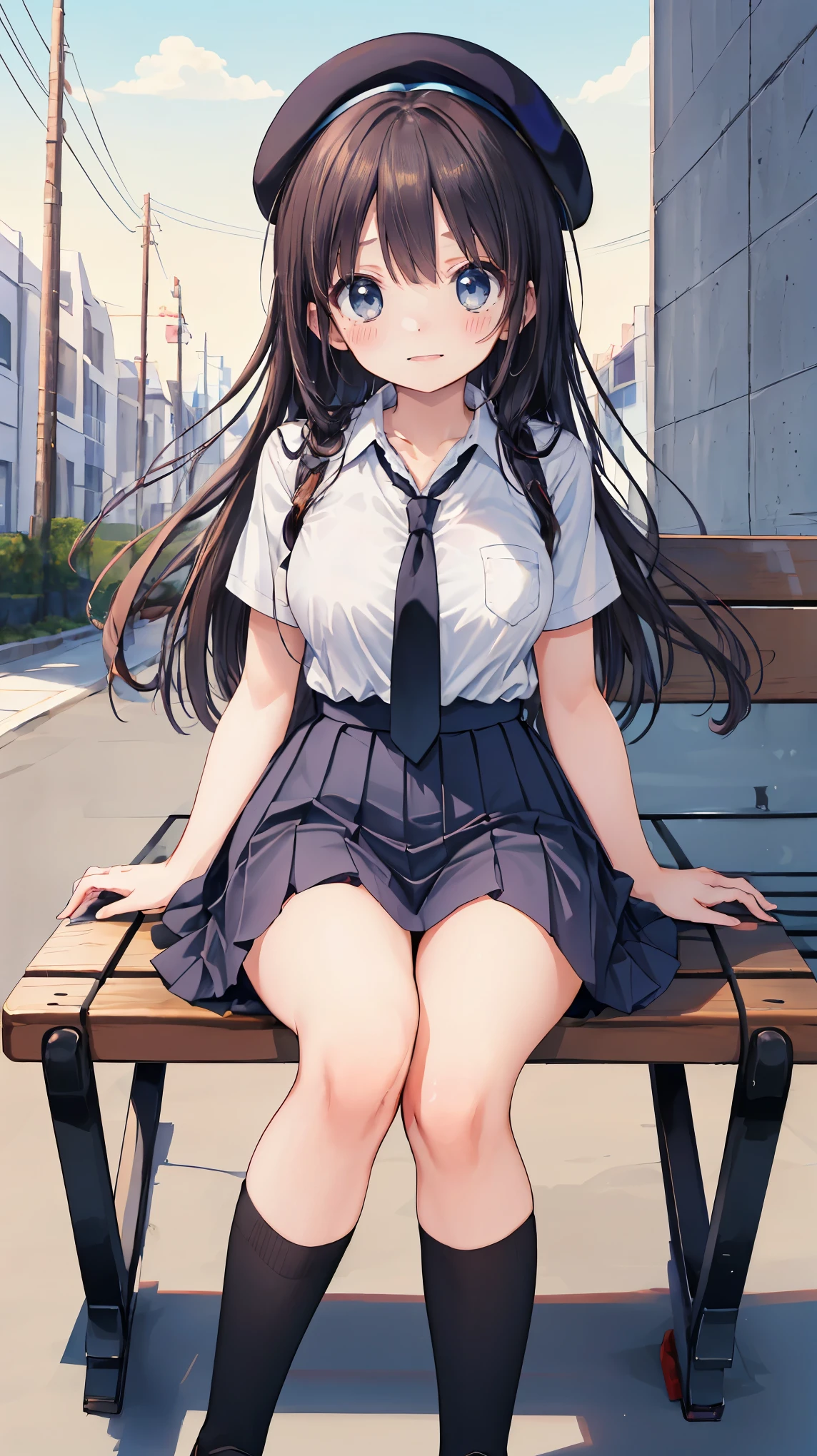 (masterpiece, best_quality), extremely_detailed_CG, woman posing for a photo, shy smile, Happy, long hair, straight hair, fine skin, beautiful hands, beautiful fingers, Wearing a beret, tie, short sleeve blouse, pleated skirt, thighs, Absolute area, knee socks, during the day, hot summer day, School, schoolyard, sitting on the bench, Canned juiceを持っている, Natural light, detailed face:1.2, sharp focus, Hasselblad Photos, masterpiece, light makeup, cinematic lighting, 4k, highest quality, sharpness, anime style, whole body, Canned juice, 