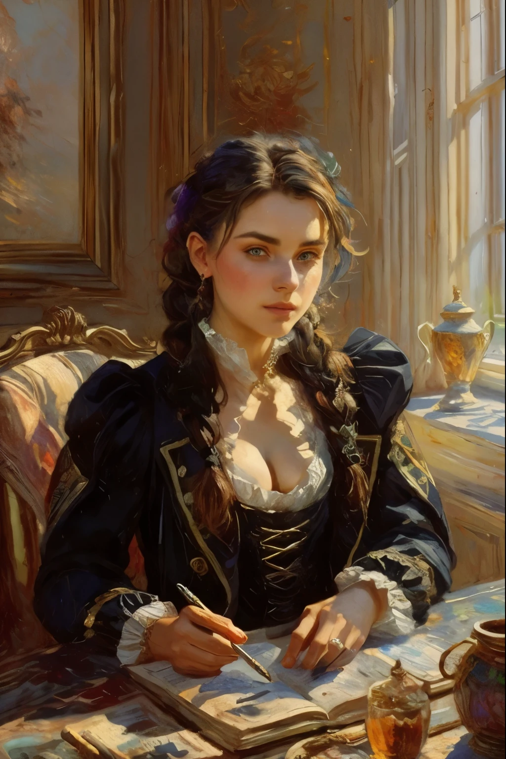 Portrait of a 20-year-old rich Russian merchant girl, ((merchant costume  of the 18th century)), braid braided on top, sitting at a table, dreaming, rich Russian living room of the 18th century in the background, 8k resolution, art by Razumov and Volegov, art by Carne Griffiths and Wadim Kashin rutkowski repin artstation painting concept art of detailed character design matte painting, 8 k resolution, sharp focus, by pascal blanche