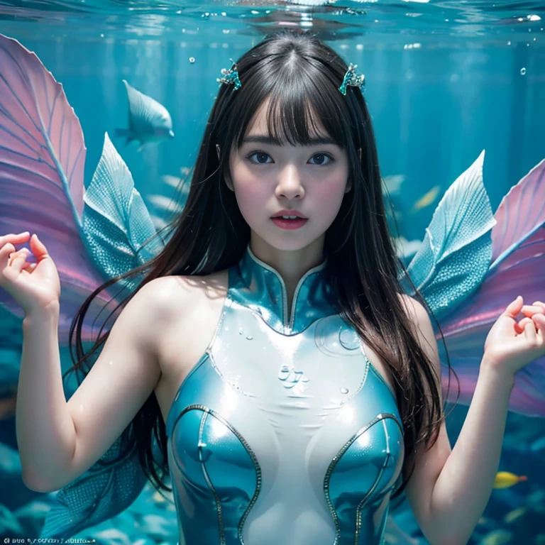 Live-action, masterpiece, RAW photo, best quality, photorealistic, extremely detailed CG unity 8k wallpaper, Depth of field, Cinematic Light, Lens Flare, Ray tracing, (extremely cute and innocent face of a female kindergartener), intricate detail face, ultra detailed skin 1girl, in an enchanting underwater city, mermaid transformation, rubber suit Enamel costume, Swimming amongst multiple colorful underwater creatures, (surrounded by various sizes of friendly merfolk), 8k resolution, highly realistic and detailed, silky fins, glimmering scales, longest and thickest flowing hair, (beautiful