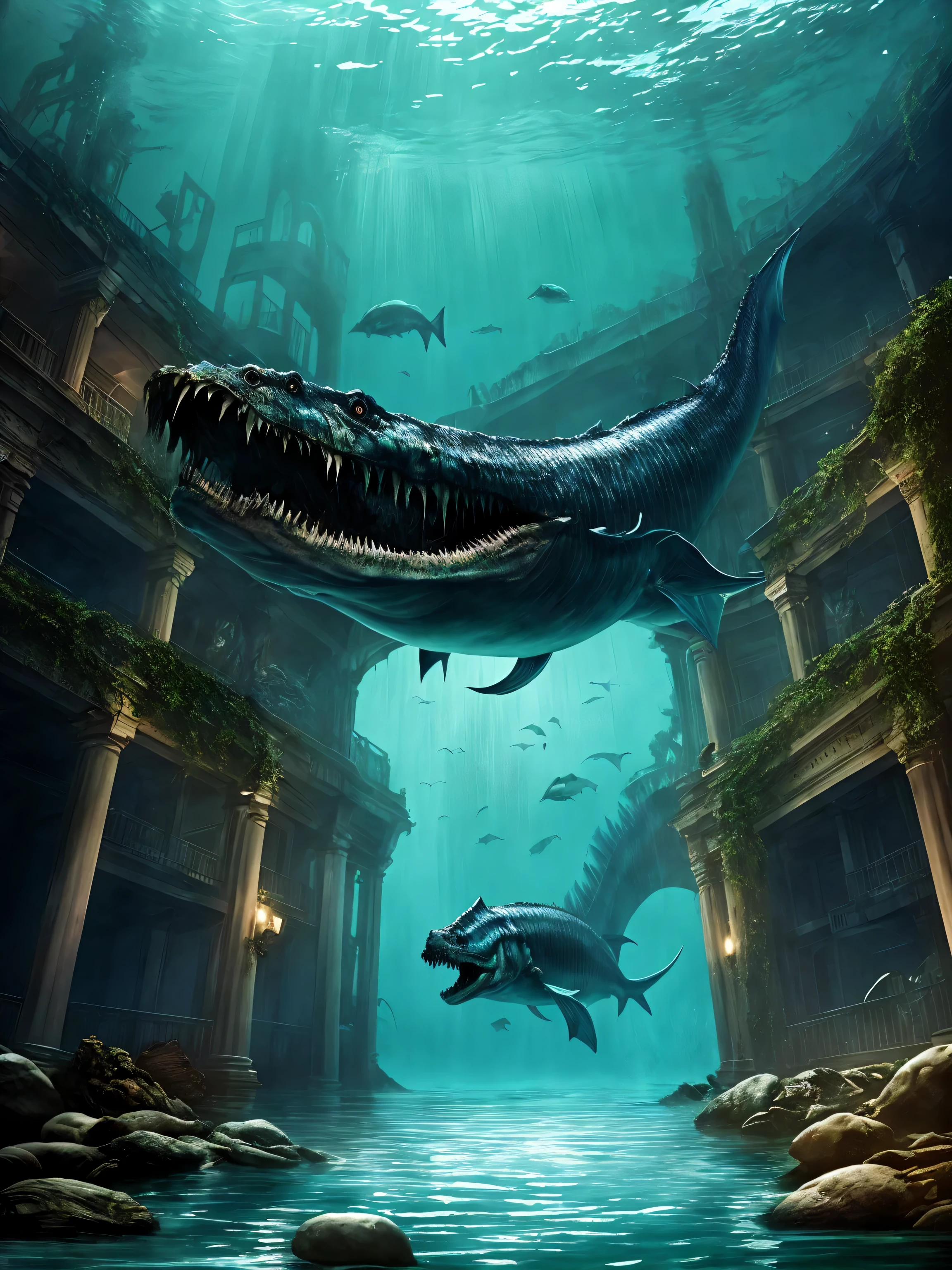 scary sea monster, Colossal body size,has sharp ribs,sharp teeth,Bloodshot eyes, Swimming in the giant water tank of an abandoned, flooded aquarium., The atmosphere is scary.,The picture is very realistic.,Horrible.,ruins,Light seeping from the surface of the water,to ruin,complicated,The images are highly realistic.,horror movies