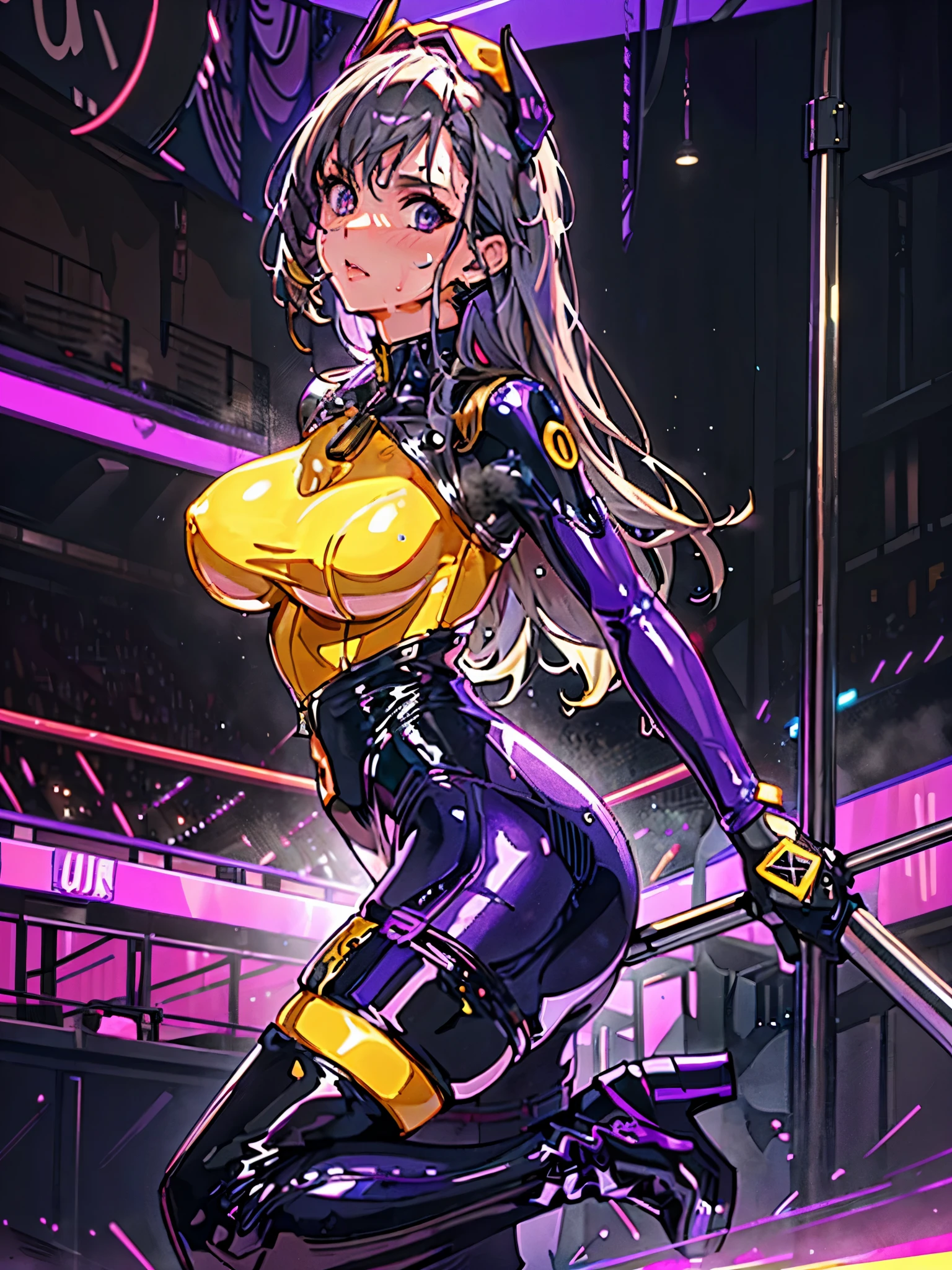 1female, solo, long dark silver hair, purple latex bodysuit, yellow highlights on bodysuit, unzipped bodysuit down middle, widowmaker bodysuit, neon nightclub background, on stage, night time, bright lit signs in background, people watching in background, magenta lights in background, thigh high heel boots, dancing in front of narrow metal pole, stripper_girl, private_strip_session, private_lap_dance, strip_club_venue, (realistic:1.2), (realism), (masterpiece:1.2), (best quality), (ultra detailed), (8k, 4k, intricate),(full-body-shot:1), (85mm),light particles, lighting, (highly detailed:1.2),(detailed face:1.2), (gradients), colorful,(detailed eyes:1.2)(detailed background),detailed landscape, (dynamic angle:1.2), (dynamic pose:1.2), (huge breast:1.1)、((whole body))、((((脇Sweat))))、((((Wakiga))))、(((Sweat)))、(((odor)))、((masturbation))、((((Sweat stain))))、((hot))、(((embarrassing)))、(((Erotic))), (((basement background, dark room)))