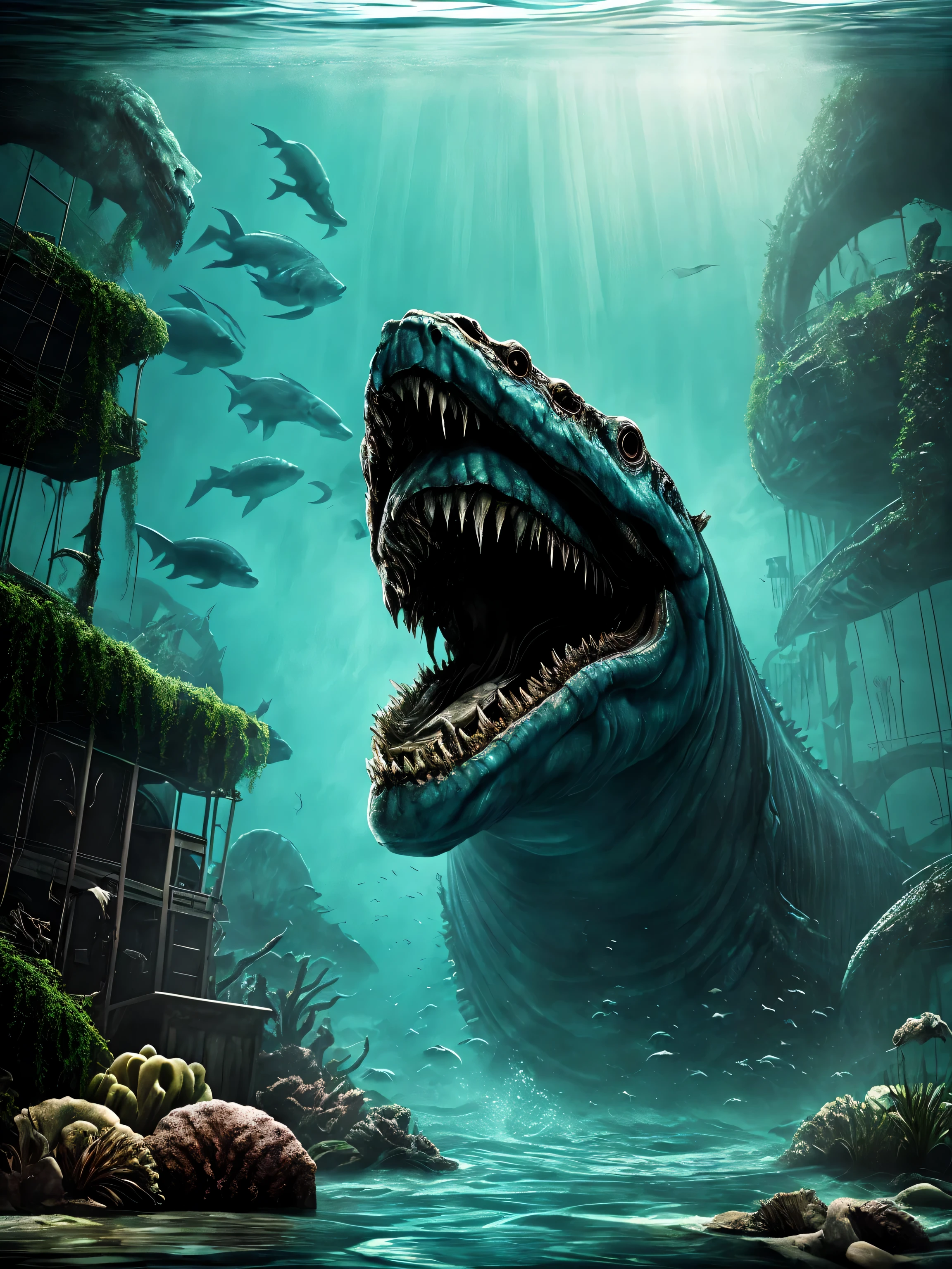 scary sea monster, Colossal body size,has sharp ribs,sharp teeth,Bloodshot eyes, Swimming in the giant water tank of an abandoned, flooded aquarium., The atmosphere is scary.,The picture is very realistic.,Horrible.,ruins,Light seeping from the surface of the water,to ruin,complicated,The images are highly realistic.,horror movies