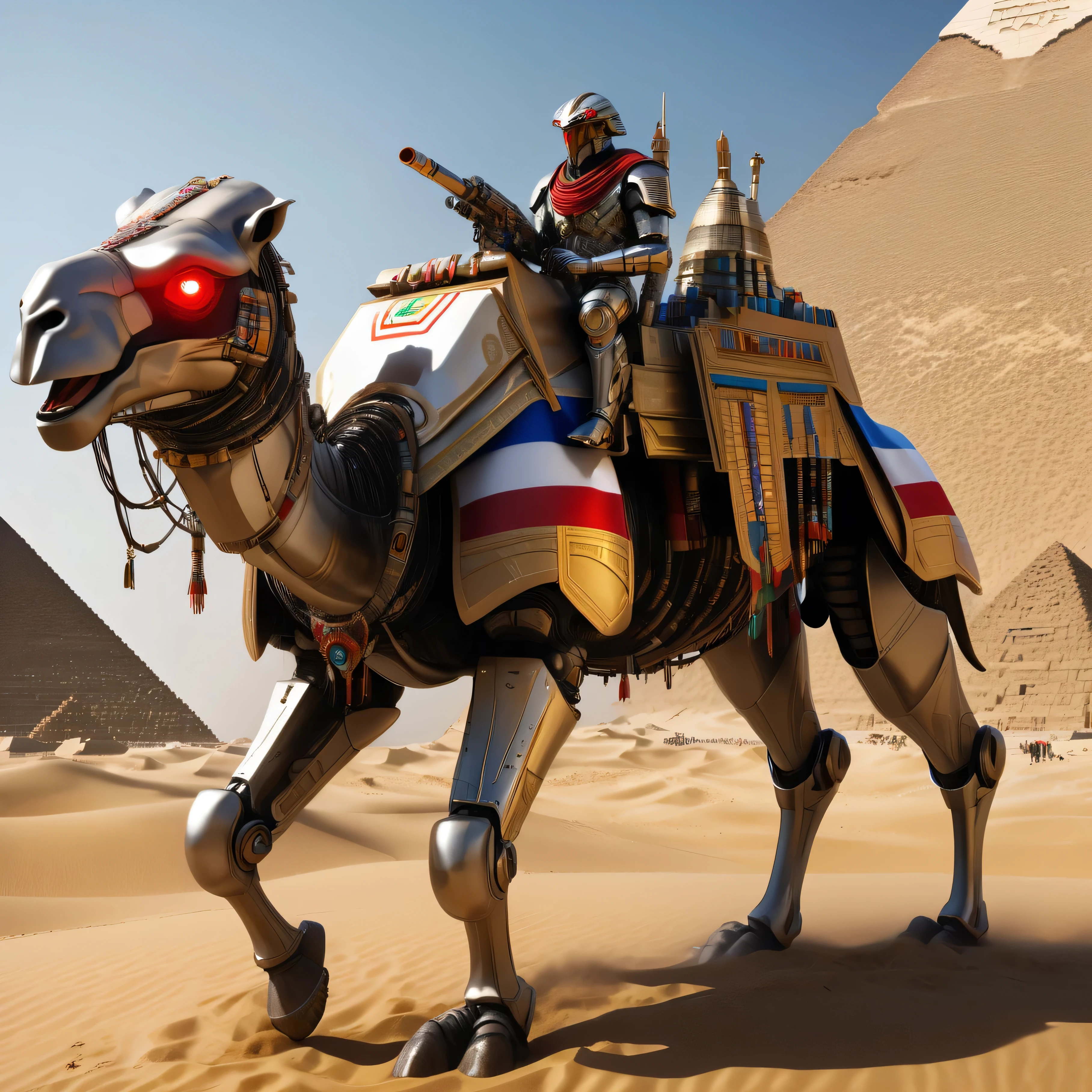 an ultra detailed, hiper realism, digital art, of a mecha camel, red eyes, with in an elegant Egypt flag colors in your cyborg armor with mechanic parts and cyborg helmet and cyborg gun and a cyborg pharaoh sited on him, Egyptian Pyramids on background , sci-fi armor, super detailed armor, carbon textures, ghost in the shell, deus ex, full body shot, action pose, ultra sharp focus, award winning photography, perfect contrast, high sharpness, depth of field, ultra detailed photography, global illumination, smooth, 18mm, full body vision, ultra high definition, 8k, unreal engine 5, ultra sharp focus, award winning photography, trending on artstation