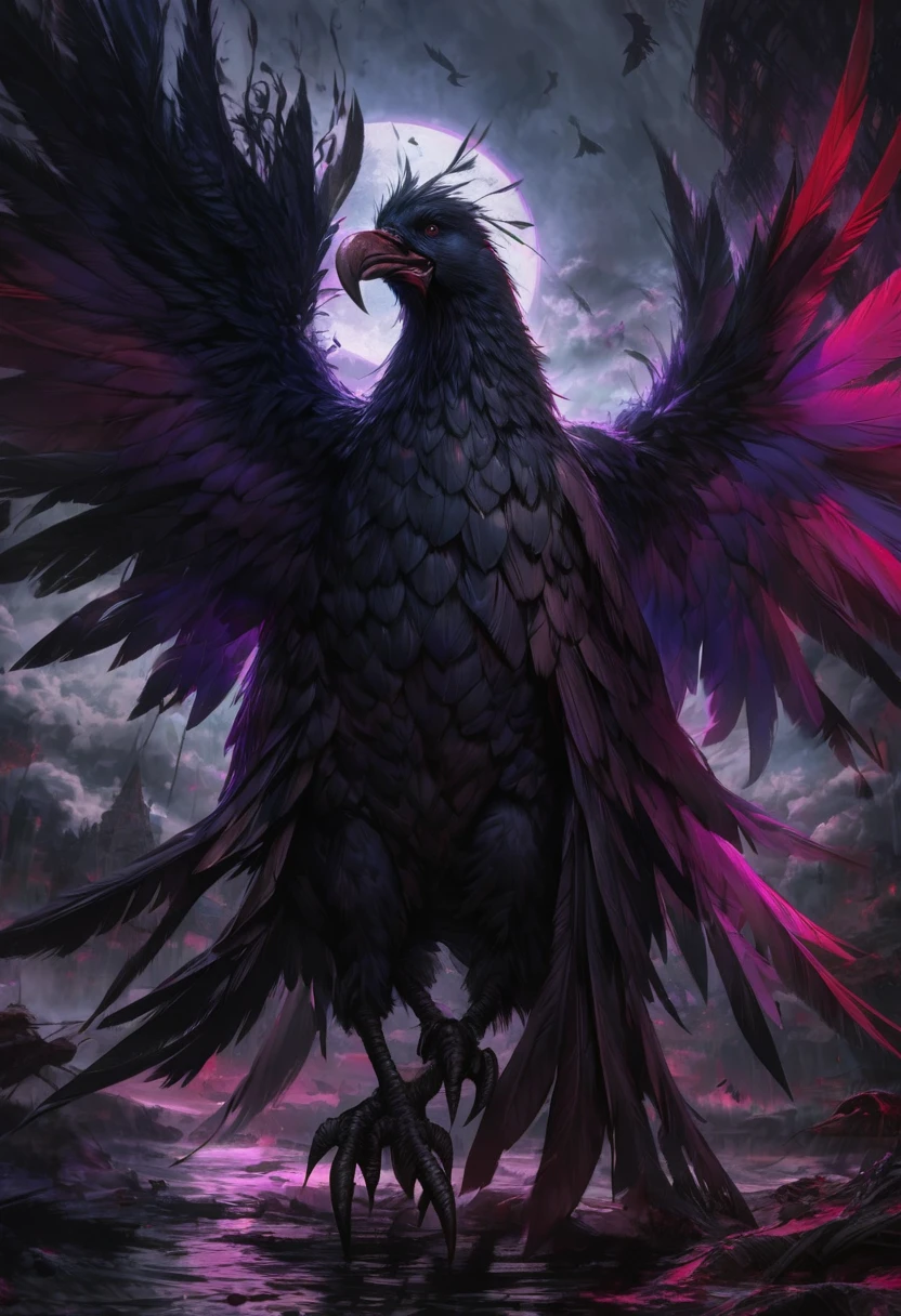 best quality,ultra-detailed,(realistic:1.37) paintings,dark and mysterious atmosphere,ominous colors,[crow],intricate feathers,sharp beak,penetrating gaze,intense expression,eerie silhouette,sinister presence,nighttime scene,moonlit sky,clouds,dramatic lighting,contrast of light and shadow,gothic style,dramatic brushstrokes,texture and depth,colorful plumage,majestic wingspread,haunting presence,foreboding,loneliness,uneasy feeling,impressive details,beautifully captured essence,artistic masterpiece