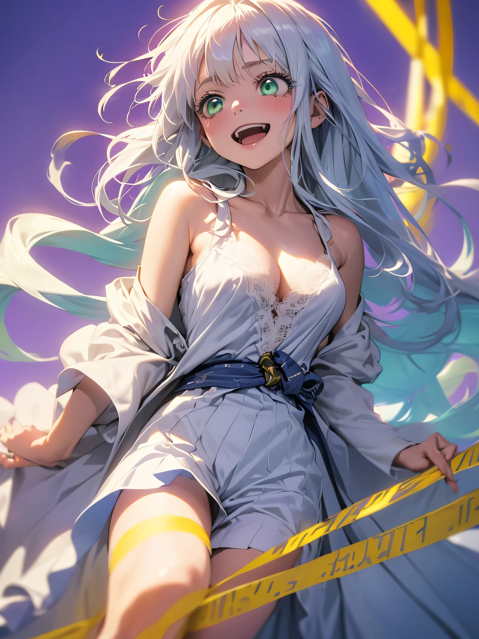 (shiny skin,melancholy look、Super detailed),((1 girl)),(perfect face, detailed face, fine eyes,perfect hands,perfect fingers), (medium breasts:1.2,evil smile:1.4),(mature woman:1.4),cowboy shot,embarrassing incident、thick,throw, (from below:1.4),short hair, Straight HARE,((黒のone piece))、one piece、((8k wallpaper)),bare chest,cleavage, window,chest comes out,transparent clothes、Yellow pubic hair in the eye、(((purple background:1.5)))、Put your arms behind your back、EMPosing for a bust size、(A gust of wind blowing from beneath your feet:1.2)、((Make sure nothing is visible except the person))、((Black long lace)),index, (green eyes:1.5), ((White hair)), long hair, habit,sit、thin legs,open towel、pantuscular pussy、squat、ginkgo leaf、Yellow tree、Yellow across the board、illuminate
