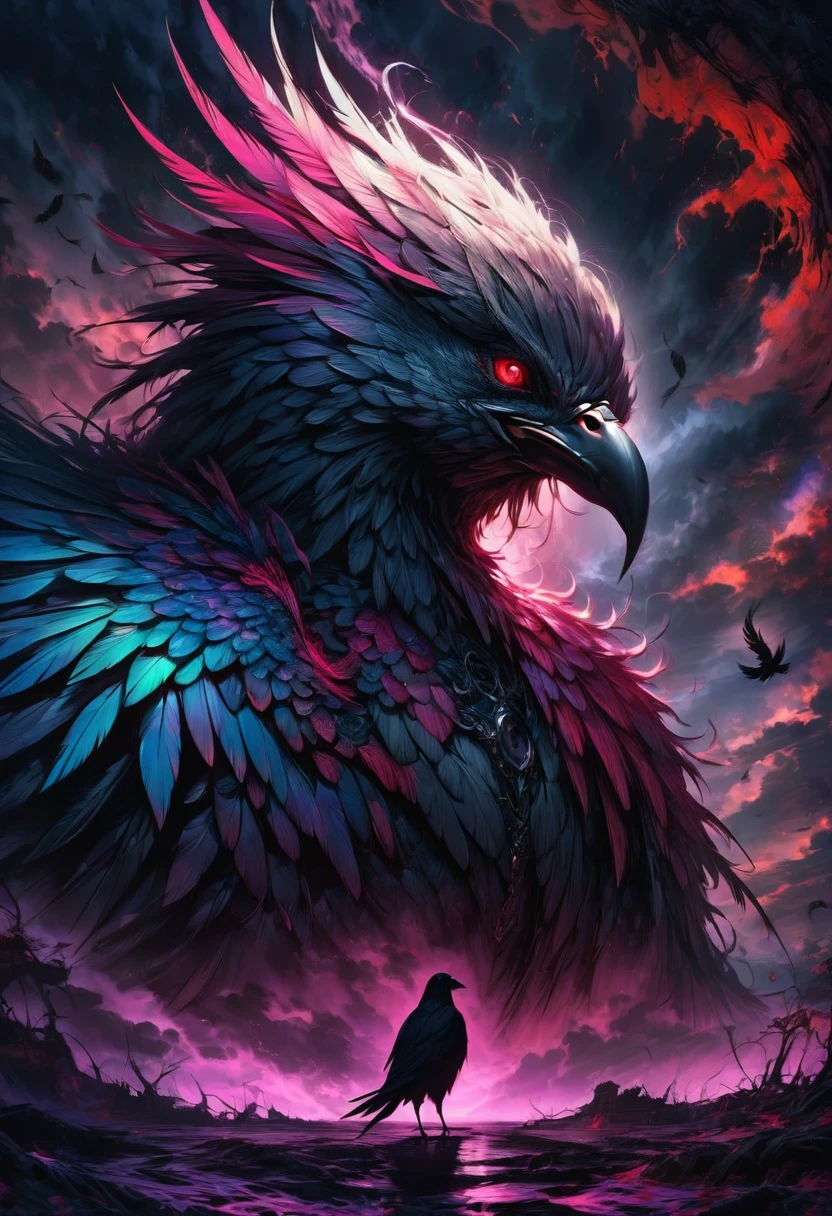 best quality,ultra-detailed,(realistic:1.37) paintings,dark and mysterious atmosphere,ominous colors,[crow],intricate feathers,sharp beak,penetrating gaze,intense expression,eerie silhouette,sinister presence,nighttime scene,moonlit sky,clouds,dramatic lighting,contrast of light and shadow,gothic style,dramatic brushstrokes,texture and depth,colorful plumage,majestic wingspread,haunting presence,foreboding,loneliness,uneasy feeling,impressive details,beautifully captured essence,artistic masterpiece