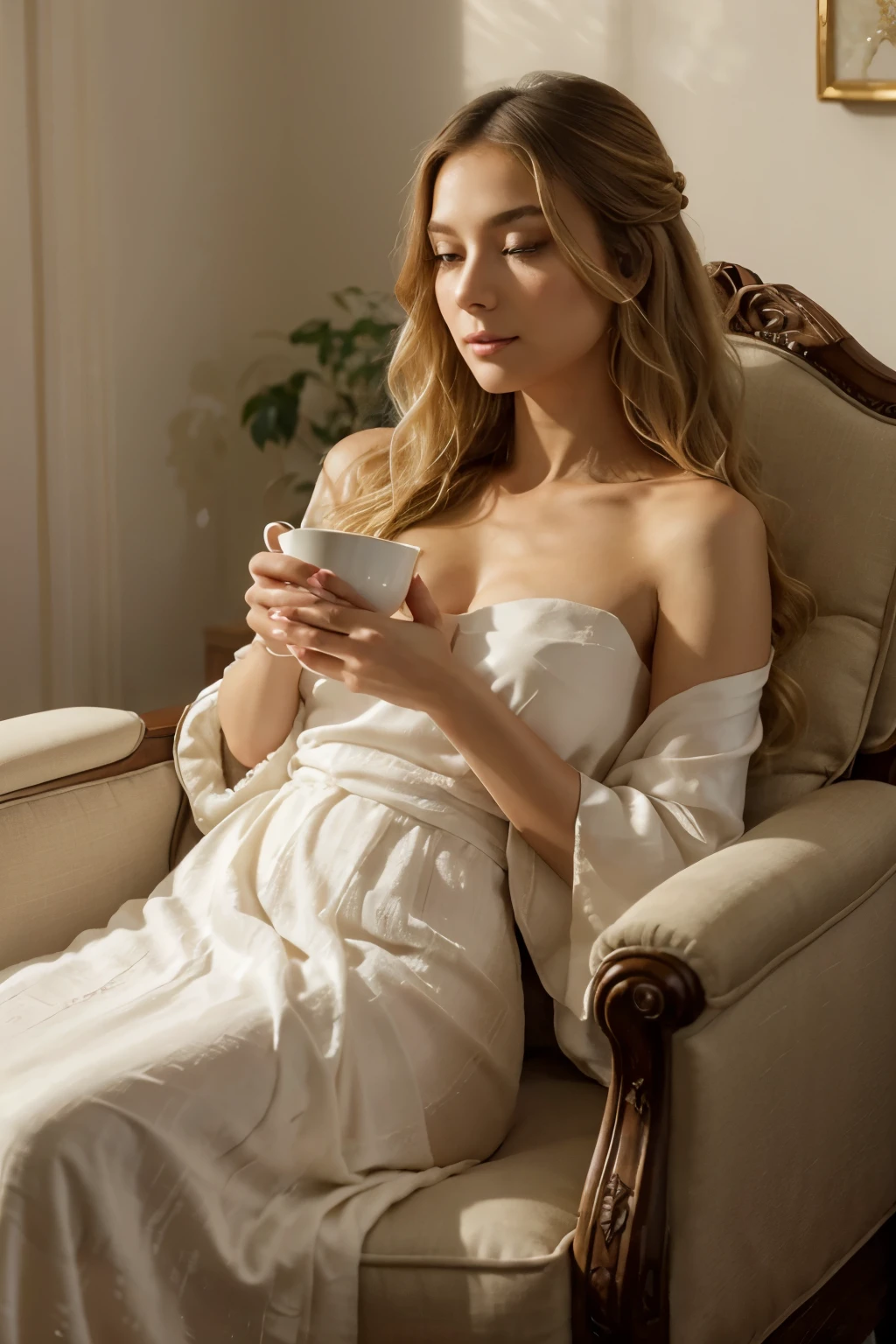 In the soft intimacy of an elegant salon, a woman reclines in a plush armchair, draped in a cozy blanket. Cradling a steaming cup of tea, she savors each sip with delight, her gaze distant, reflecting a profound tranquility. Her blond, ombré hair cascades in silky waves around her face, adding a touch of radiance to this serene tableau where time seems to stand still.