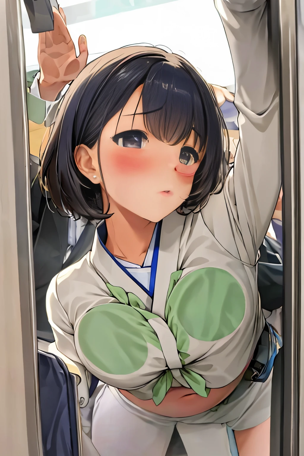 masterpiece、highest quality、female 1、Super detailed　short hair　Japanese high school girl uniform　Ahegao、blush　small breasts、nipple、beautiful belly　SEX in、play sex、sex、intense sex、Fucked from behind　Automatic train doors　face is close、Facial Close-up