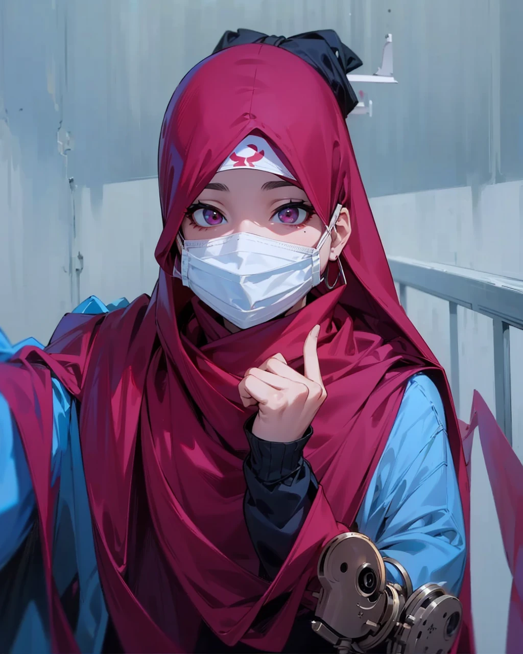 there is a woman wearing a red hijab and a mask, hijab, wearing facemask, wearing mask, surgical mask covering mouth, (doctor), inspired by Naza, siya oum, from 8 k matte, ruan cute vtuber, with accurate face, with kind face, with index finger, inspired by Fathi Hassan, facemask, 👁🌹👾