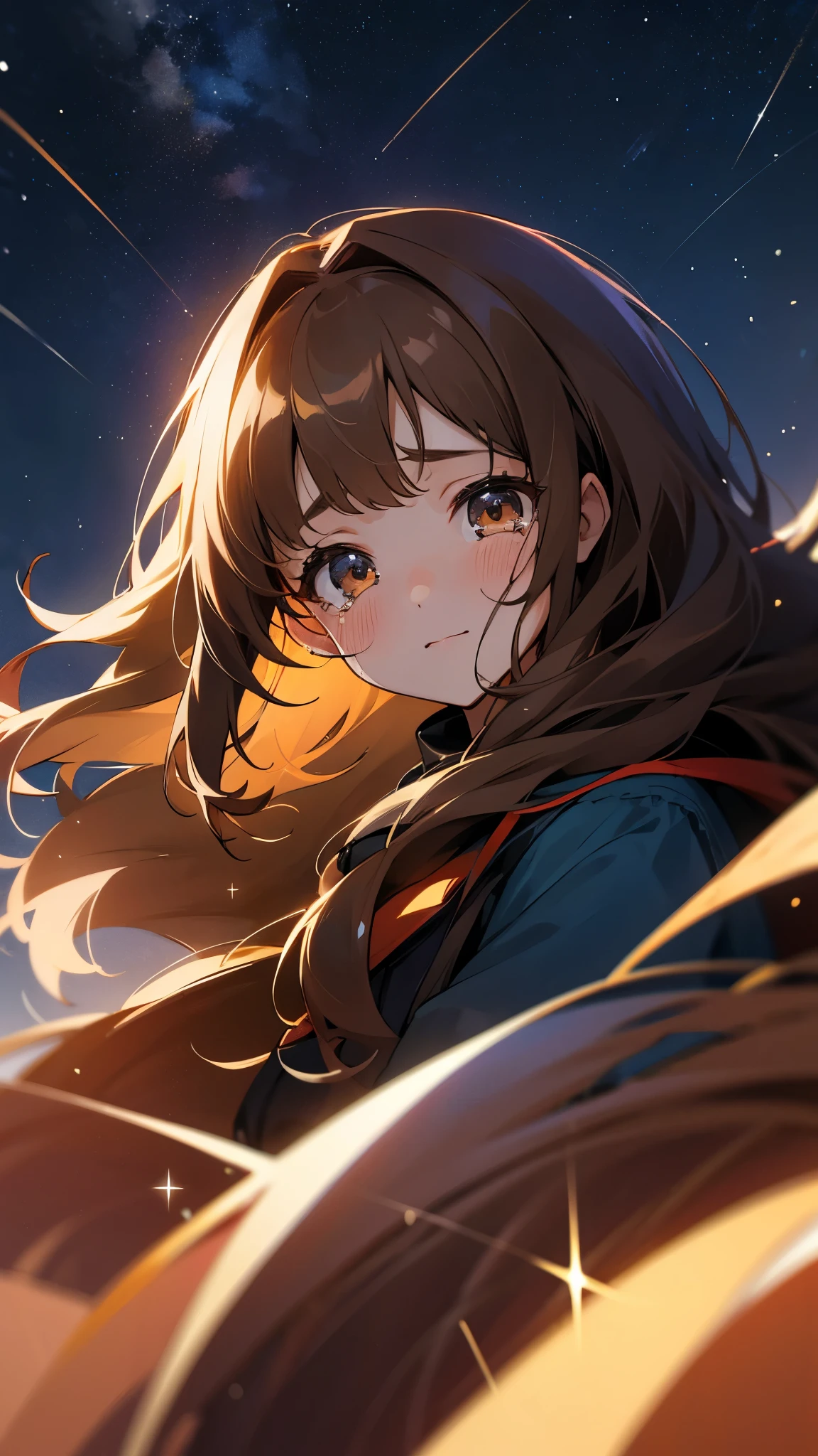 only one girl, crying, cute face, 4k, long Brown hair, some hair on face, background night sky with stars, close to face