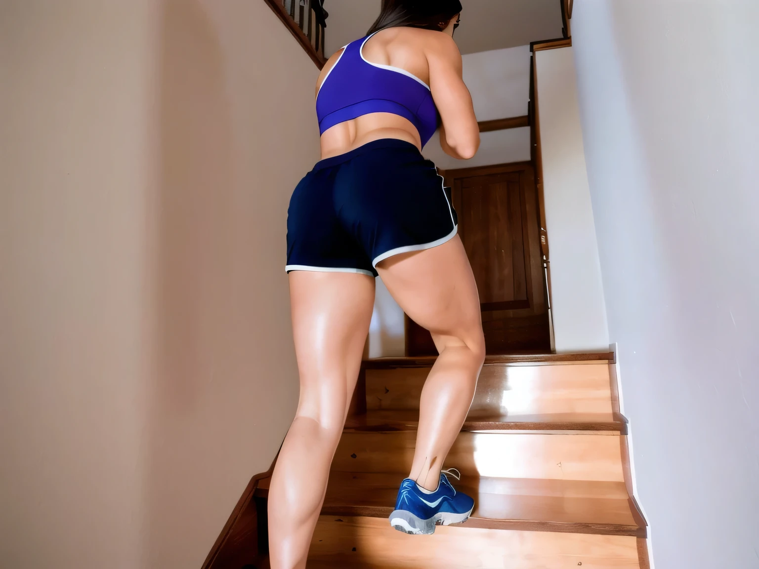 RAW, Best quality, high resolution, Masterpiece: 1.3, Beautiful brunette. Best quality, high resolution. Realistic, detailed and complete woman in a blue top and very short black shorts climbing a flight of stairs, side view of her taking steps, in shorts, working out, exposed thighs!!!, training, stairs, thighs!!!!!!, thighs! !!, cottagecore!! fitness bodysuit, sports bra and dark blue shorts, toned legs. She is around 35 years old, a woman in good physical condition. Masterpiece, best quality, (best quality), realistic lighting, 8k.