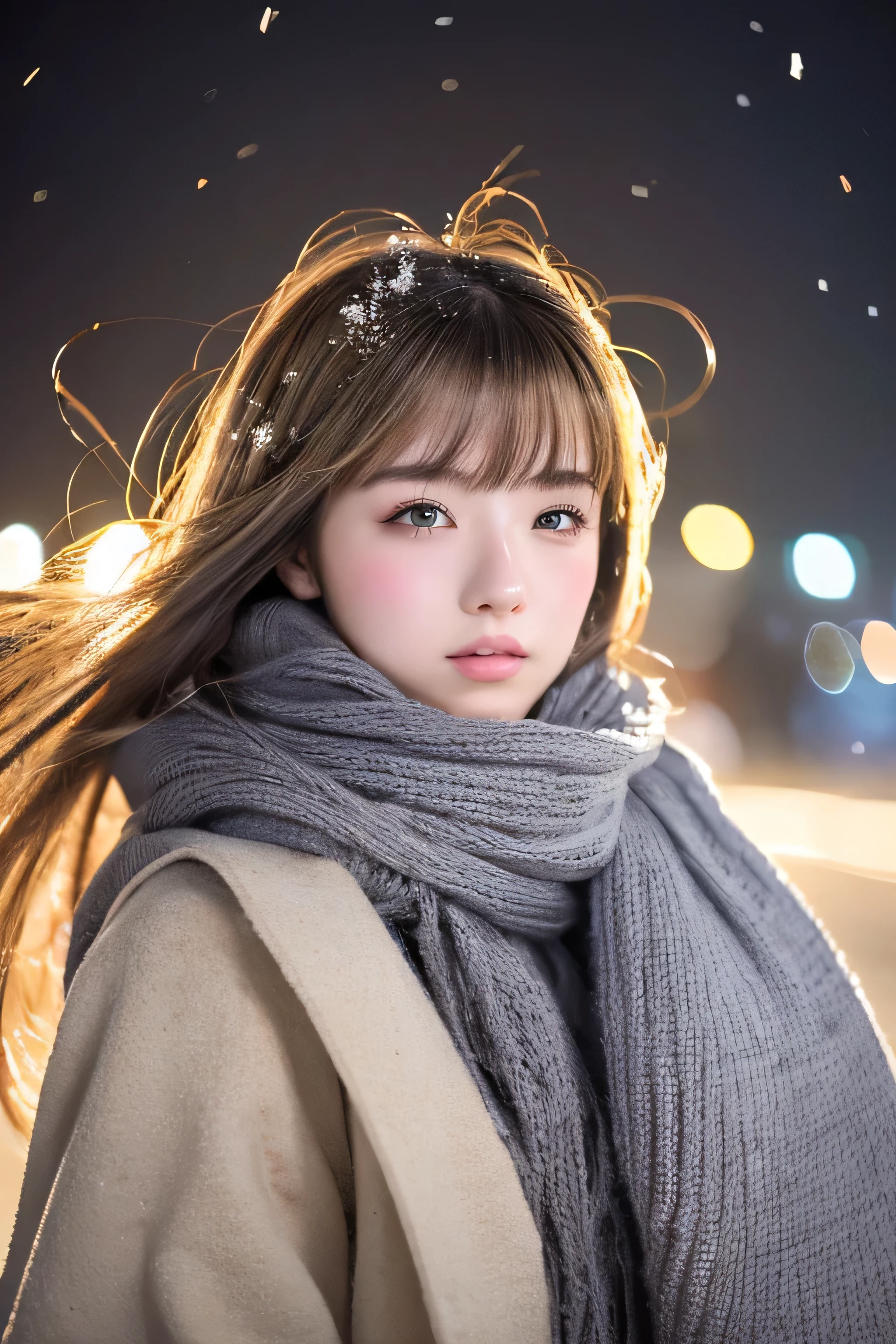 ((hair blowing in the wind、No makeup:1.2))、(realistic、Photoreal、super detailed、best detailed skins、highest quality、masterpiece、超A high resolution)、cute russian woman、、high school girl、young girl、1 girl、have bangs、ash blonde:1.7、double eyelid、drooling eyes、Japanese style face、purity、realistic skin type、thick muffler、Gray muffler、fluffy hair、((There&#39;s hair in the scarf:1.3))、red cheeks、The wind is blowing、It&#39;s snowing、night、illumination、lighting from behind、hair blowing in the windがステキ、