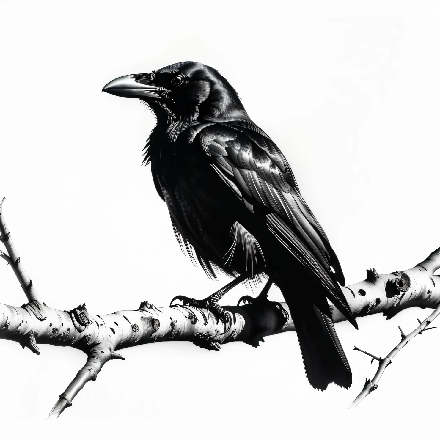 An ingenious charcoal drawing on a white wall, Crow sits on a dry tree branch. stroke technique, shadows, charcoal, black and white