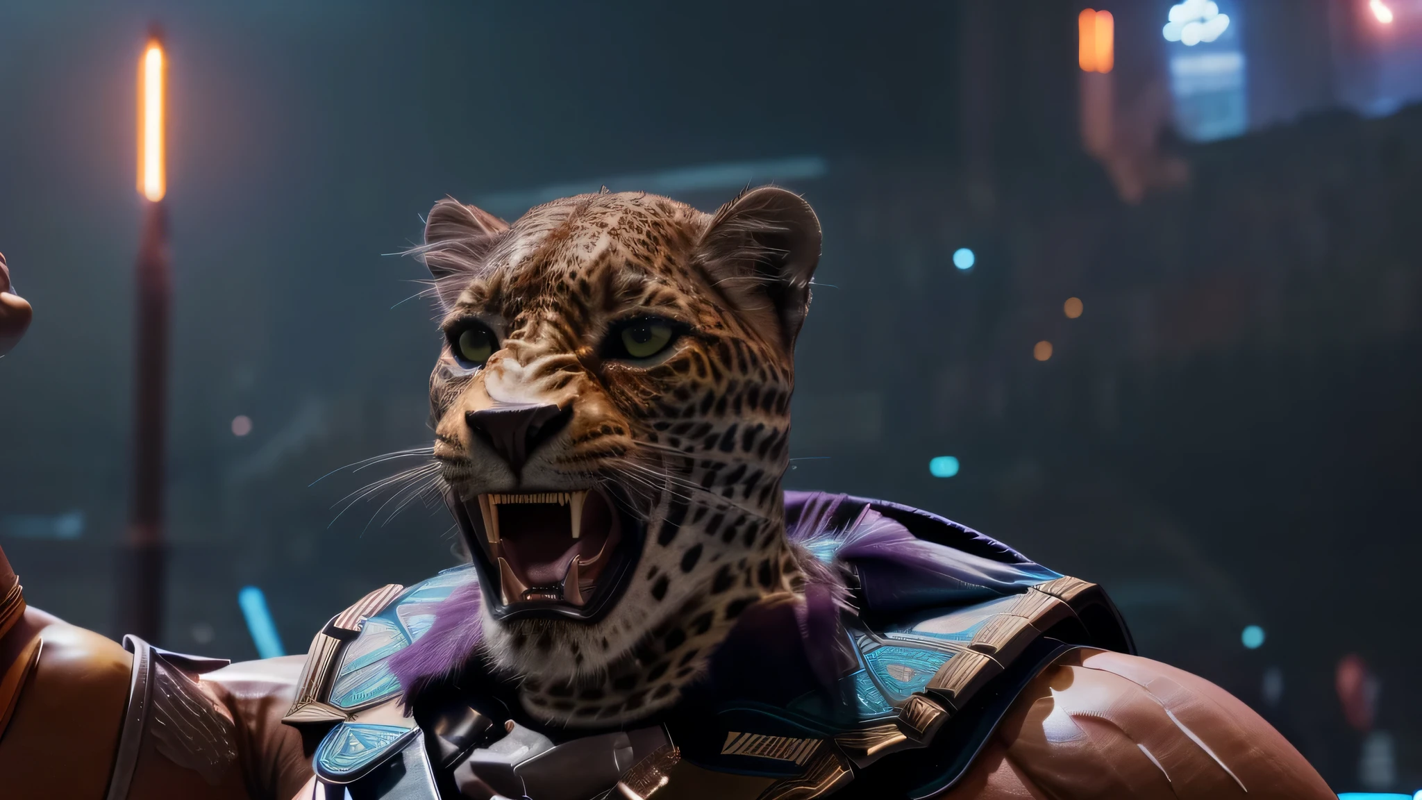 there is a man with a leopard mask and a blue glove, neon lights, (RTX) cinematic film shot in 70mm, depth of field, vivid colors, (best quality,ultra-detalhado,Realistic:1.37), (8k, ARTISTIC photography, best quality, masterpiece: 1.2), (realistic, photorealistic: 1.37), over-detailed, (high-detail skin: 1.2), 8k UHD, SLR camera, soft lighting, high quality, film grain, cinematic lighting, photonic display, brightness, physically rendered photo, (dynamic pose ), extremely high-quality graphics, over-detailed face, (((cinematic lighting))), ((clear details)), ((colosseum)), screaming,