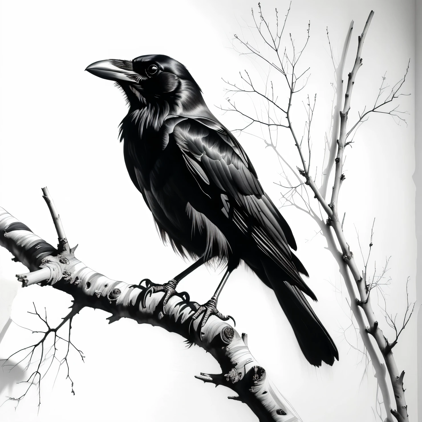 An ingenious charcoal drawing on a white wall, Crow sits on a dry tree branch. stroke technique, shadows, charcoal, black and white