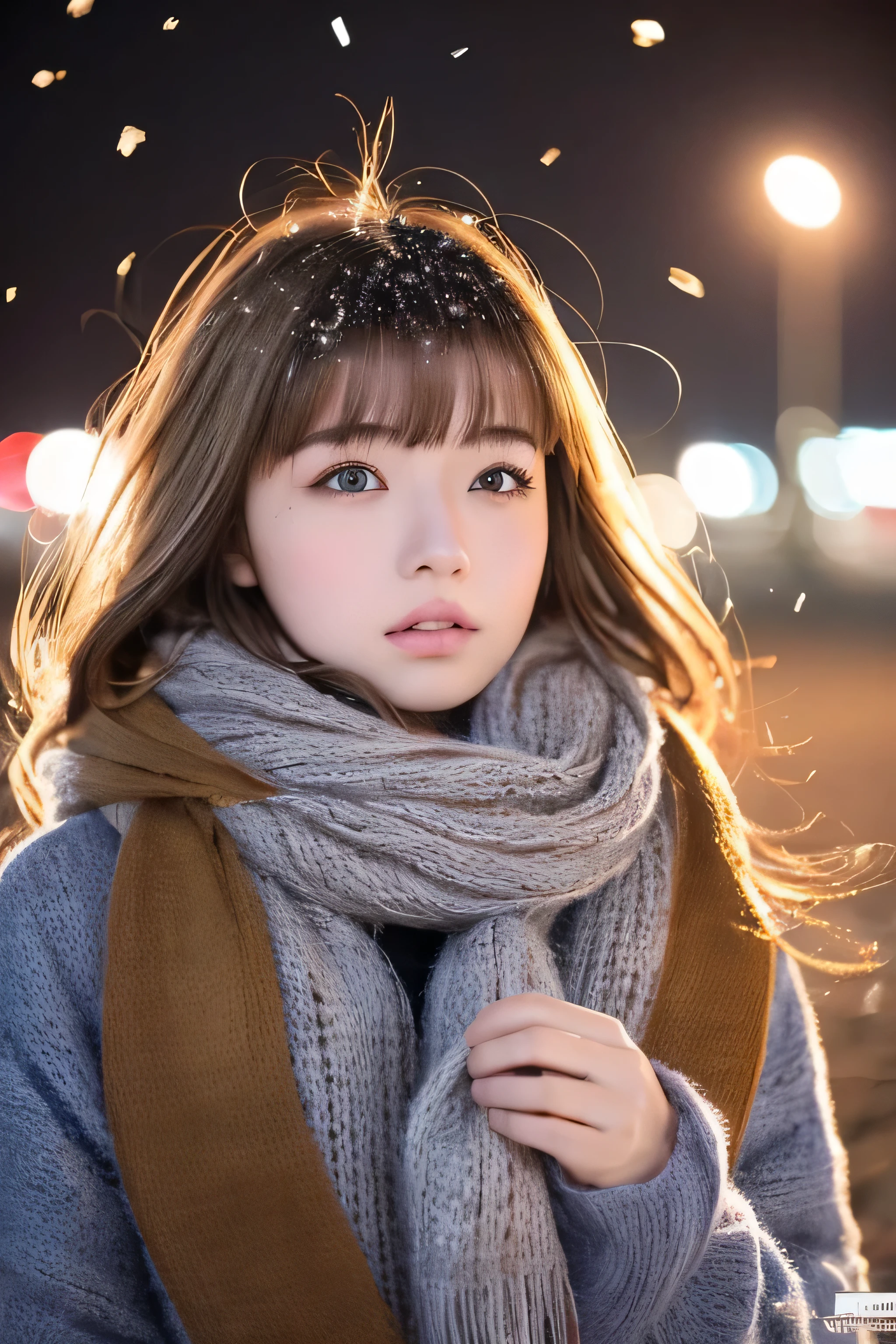 ((hair blowing in the wind、No makeup:1.2))、(realistic、Photoreal、super detailed、best detailed skins、highest quality、masterpiece、超A high resolution)、cute russian woman、14 years、high school girl、young girl、1 girl、have bangs、ash blonde:1.7、double eyelid、drooling eyes、Japanese style face、purity、realistic skin type、thick muffler、Gray muffler、fluffy hair、((There's hair in the scarf:1.3))、red cheeks、The wind is blowing、It's snowing、night、illumination、lighting from behind、hair blowing in the windがステキ、