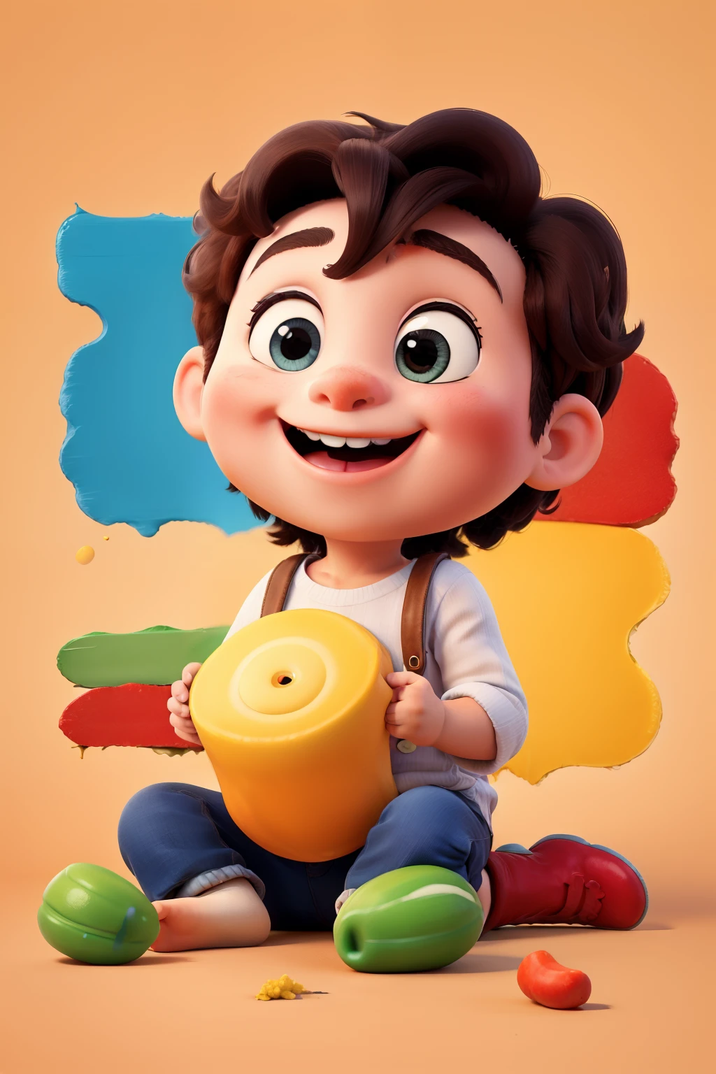 Crie uma imagem para a capa do livro "Colorindo o Prato: Creative Baby Food for Happy Babies". The image must convey a feeling of nourishment, fun and creativity. Considere incluir elementos como um prato colorido com diversas papinhas criativas e ingredientes frescos, happy and smiling babies trying baby food, and maybe even a paint brush to highlight the idea of "colorindo o prato". Use vibrant and cheerful colors to attract the attention of the public and their parents. A imagem deve ser atrativa e transmitir a mensagem de que o livro oferece receitas nutritivas e divertidas para os pequenos. Remember to leave space to add the book title and other design elements, such as the name of the author and possible additional illustrations.