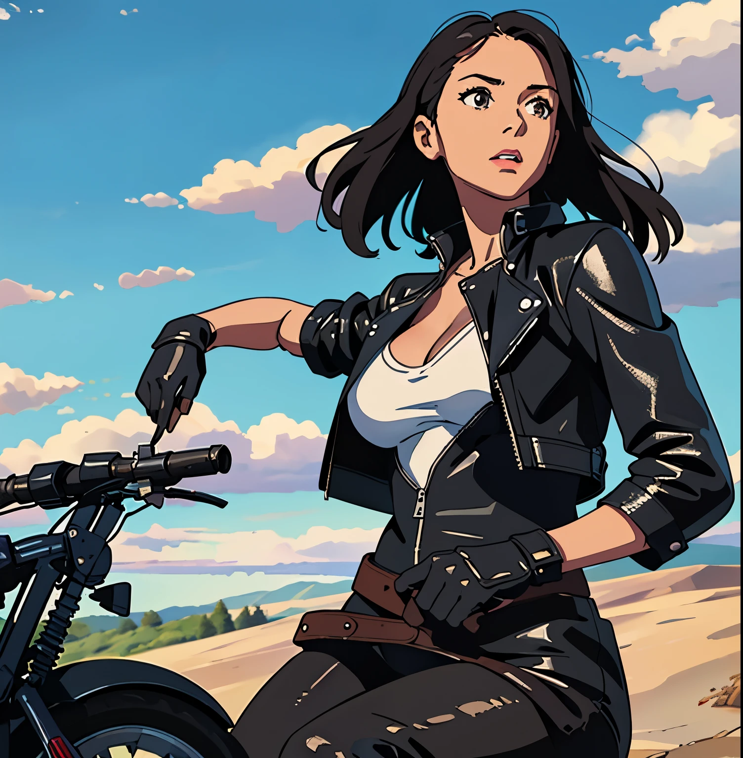 1 girl,noon, I can see the whole body,close, 8K, Raw photo, highest quality, masterpiece,realistic, photo-realistic, big breasts、riding outfit、leather gloves、Black riding jacket、rubber riding boots、Harley Davidson Bikes(view from below)
