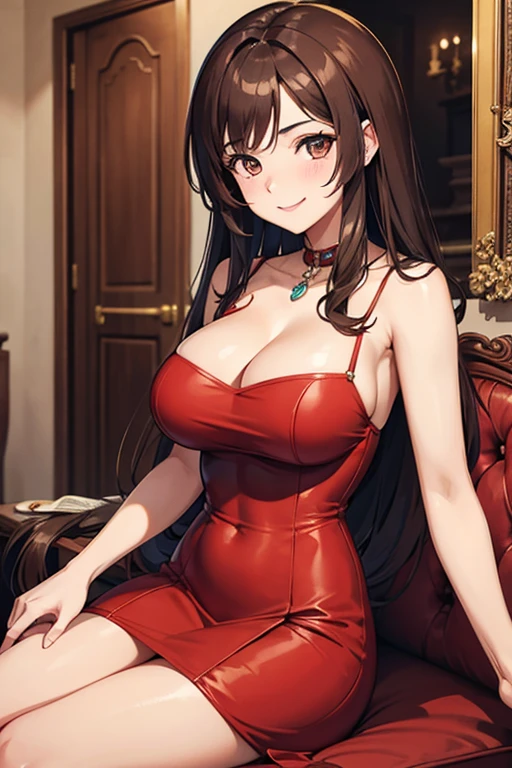 Italian girl, age 25, busty, long brown hair, smiling face, elegant red dress