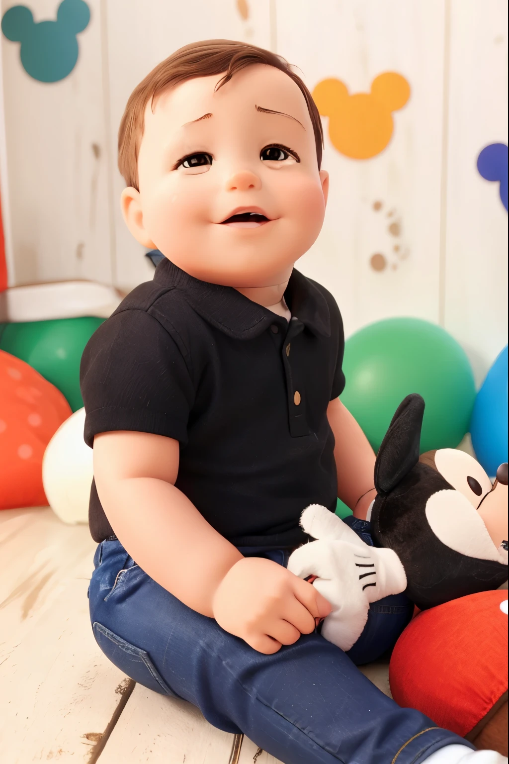 One-year-old baby with short brown hair, jeans, fair skin, brown eyes, holding a Mickey Mouse plush, looking up.