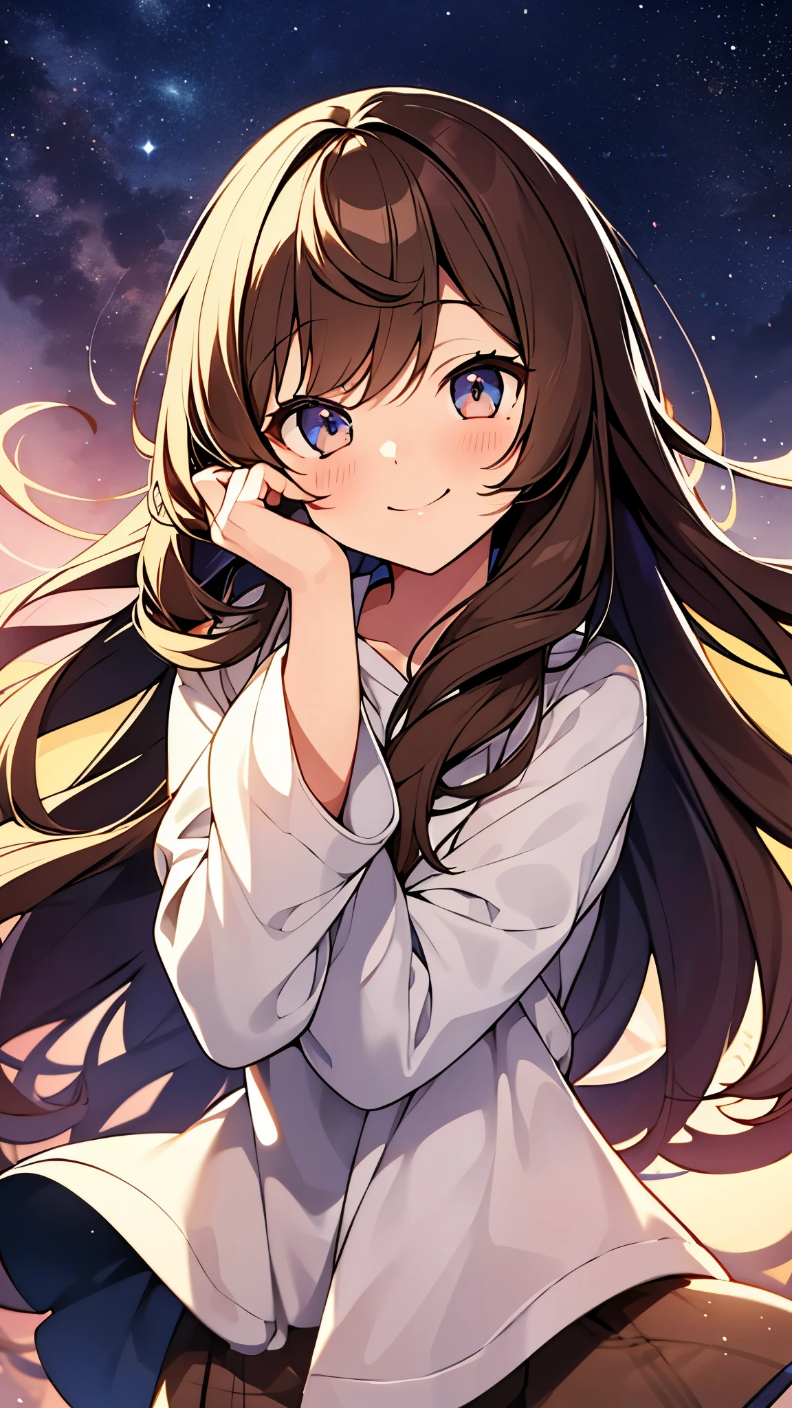 only one girl, smiling, cute face, 4k, long Brown hair, some hair on face, background night sky with stars, close to face