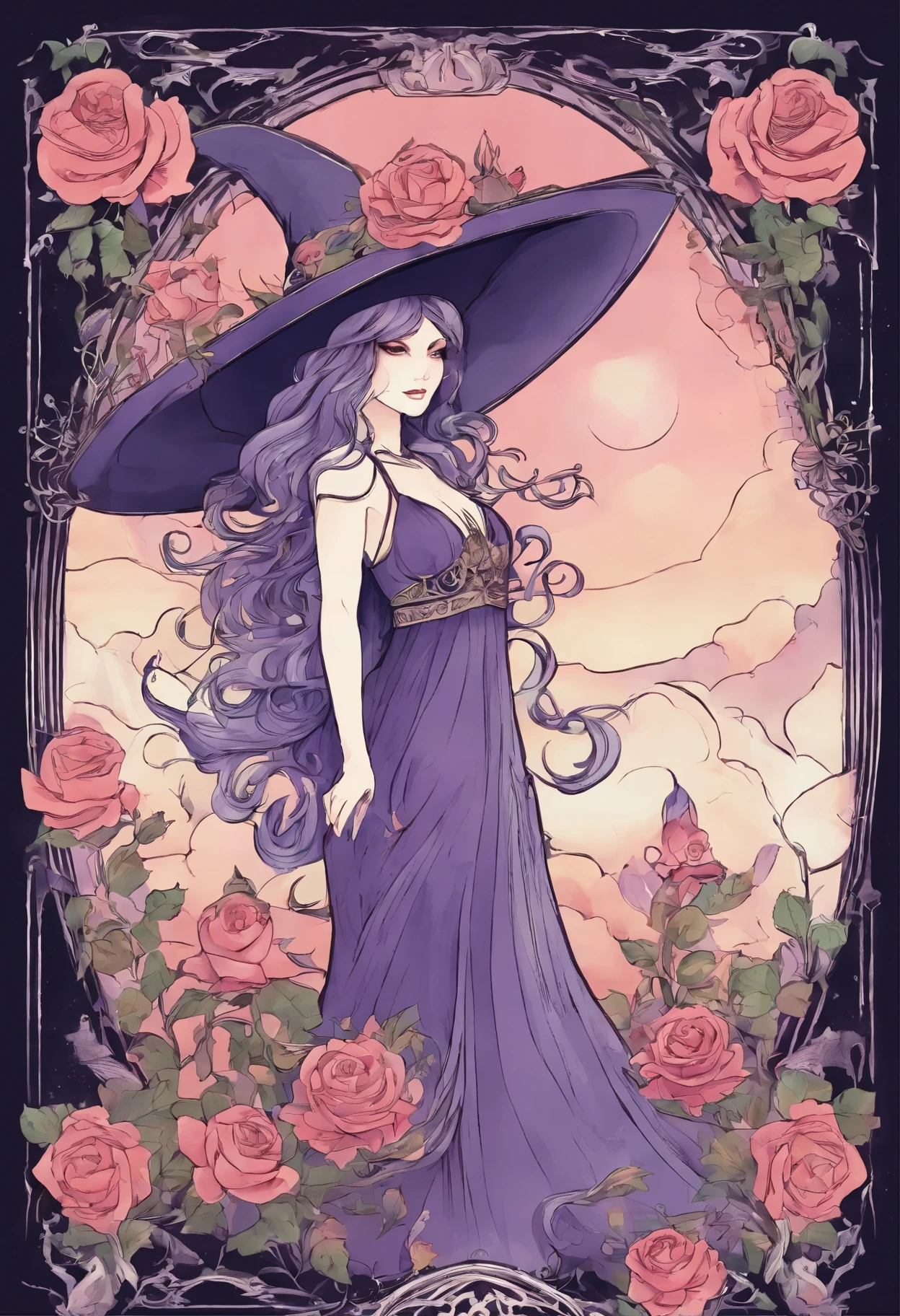 Simple watercolor, poster, Taisho Romantic, picaresque, retro, tattoo, full body, high definition, violet tones sorceress, witch hat, roses