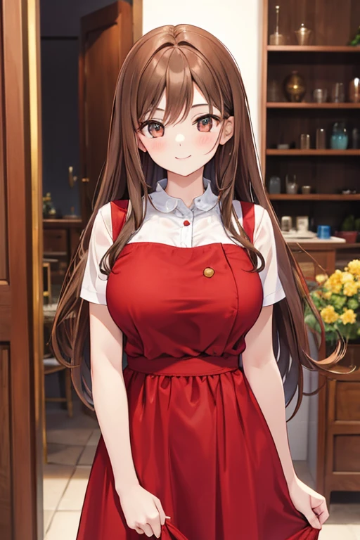Italian girl, age 25, busty, long brown hair, smiling face, elegant red dress
