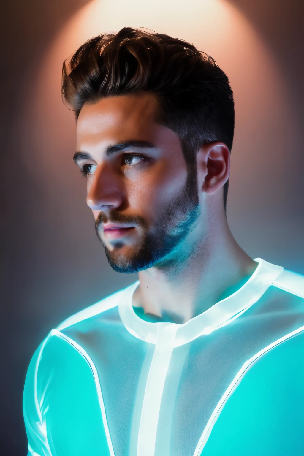 30 years old man, stubble, wearing transparent see-through futuristic clothes, breathtaking grandeur, LED internal lighting, cyberpunk style, fibre optic hair, glowing blue iris, muscular, best quality, masterpiece, intricate details, dynamic pose, dynamic angle, (surreal), (illustration), ((oil painting \(medium\):1.2)), sharp focus, soft lighting, vibrant colors, cinematic photography, dynamic angle, volumetric lighting, film grain, hard shadows