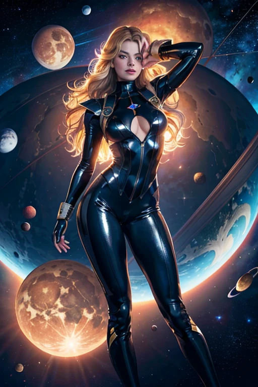 Margot Robbie, woman space super hero, full body,hi-tech vest over black latex suit, long curly hair, by Adam Hughes, (sexy), flying, eyes extasy,floating in deep space, with several planets and suns in the background,